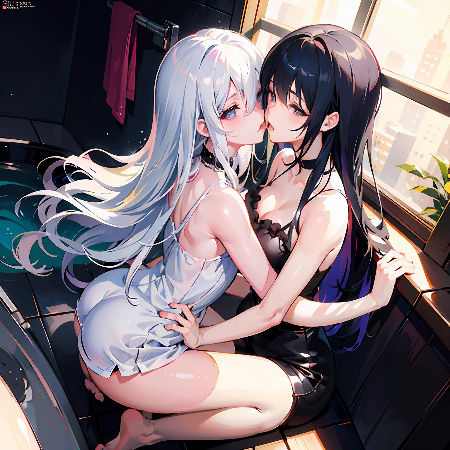 anime - style illustration of a couple kissing in a bathroom, lesbian art, anime girls, two beautiful anime girls, lesbian kiss, kissing together cutely, artwork in the style of guweiz, lesbian embrace, kiss, wlop and sakimichan, commission for high res, perfect white haired girl, guweiz on artstation pixiv