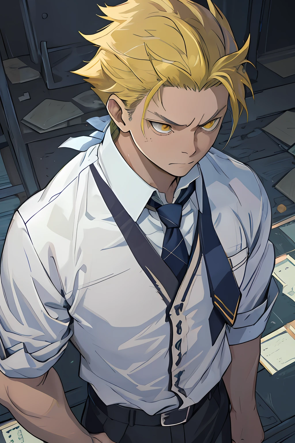 "tmasterpiece,best qualityer,illustratio,Exquisite lighting,Male characters,A high resolution,sharp-focus,Natsuki Subaru style,Intricate details,Breakdown and damage scenarios,Decadence expression,Exhaustion,Glowing yellow eyes,Short blue hair,white shirt,Wear a tie,perspire,Lower view"
