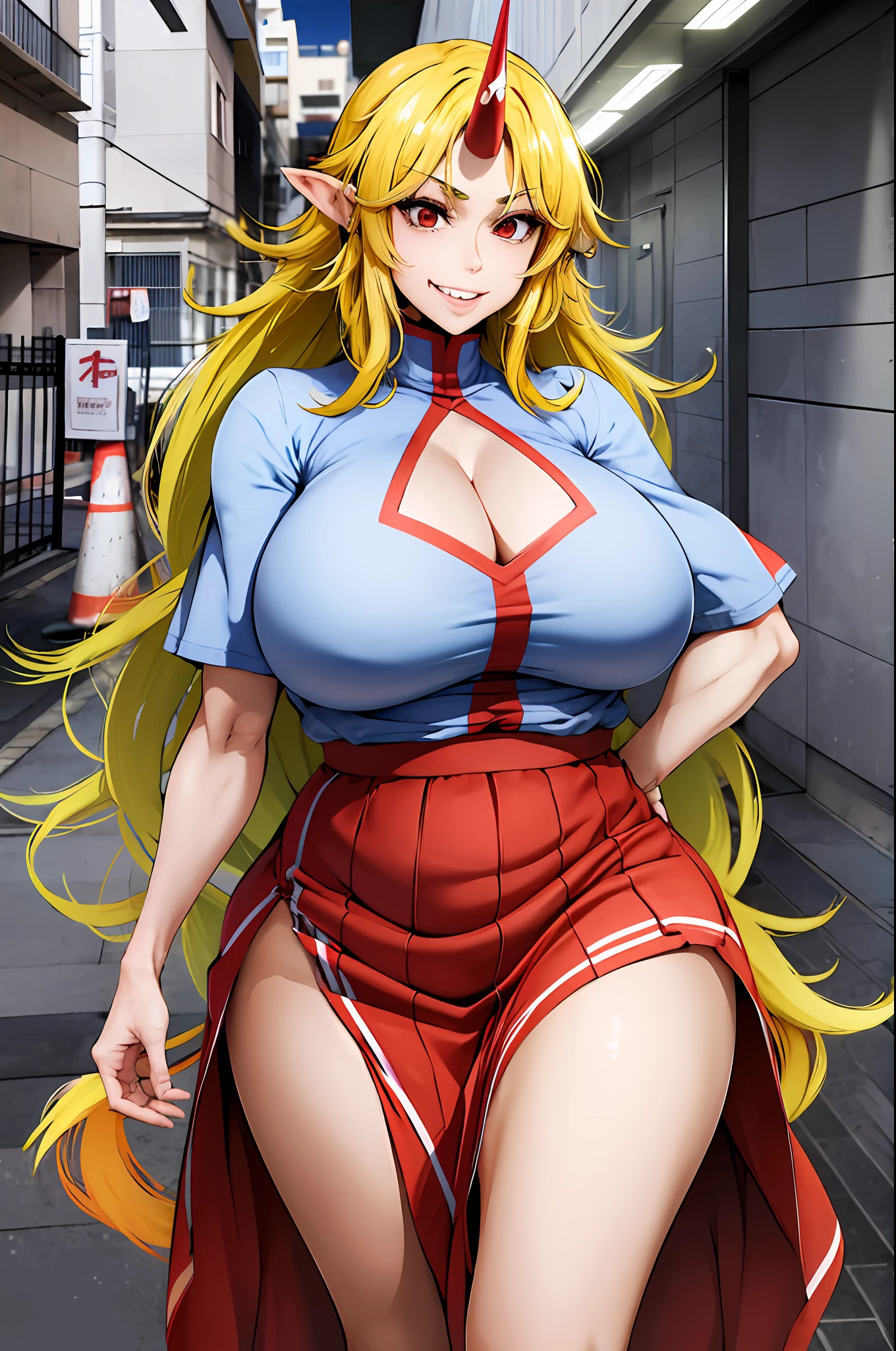 hoshiguma yuugi,1girl,single horn, pointy ears, blonde hair, long hair,yellow eyes,s ,white shirt,skirt,, muscle girl, huge breast,walking, single horn, long skirt, flip flops, sharpteeth, smile, tomboy,very long skirt, blue and red skirt, traditional germanic dress, red eyes