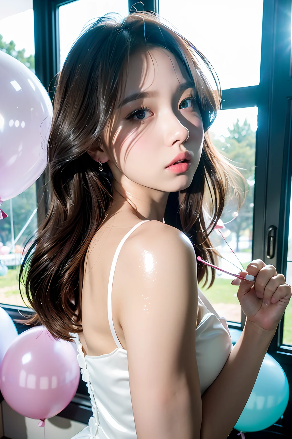 (MASTERPIECE:1.2),(CGI ART:1.3),(REALISTIC:1.5),(POST PROCESSING:1.3),(SHARP FOCUS:1.3),8K,1 girl in bedroom, ((UPPER BODY)), ((white dress)), (((shiny skin))), (wide shot:1.4), window, (((Pastel balloons MESS IN BACKGROUND))), (high shadows detail) , (ILLUSTRATION:1.2), (ulzzang-6500:1.0), ((HDR)),