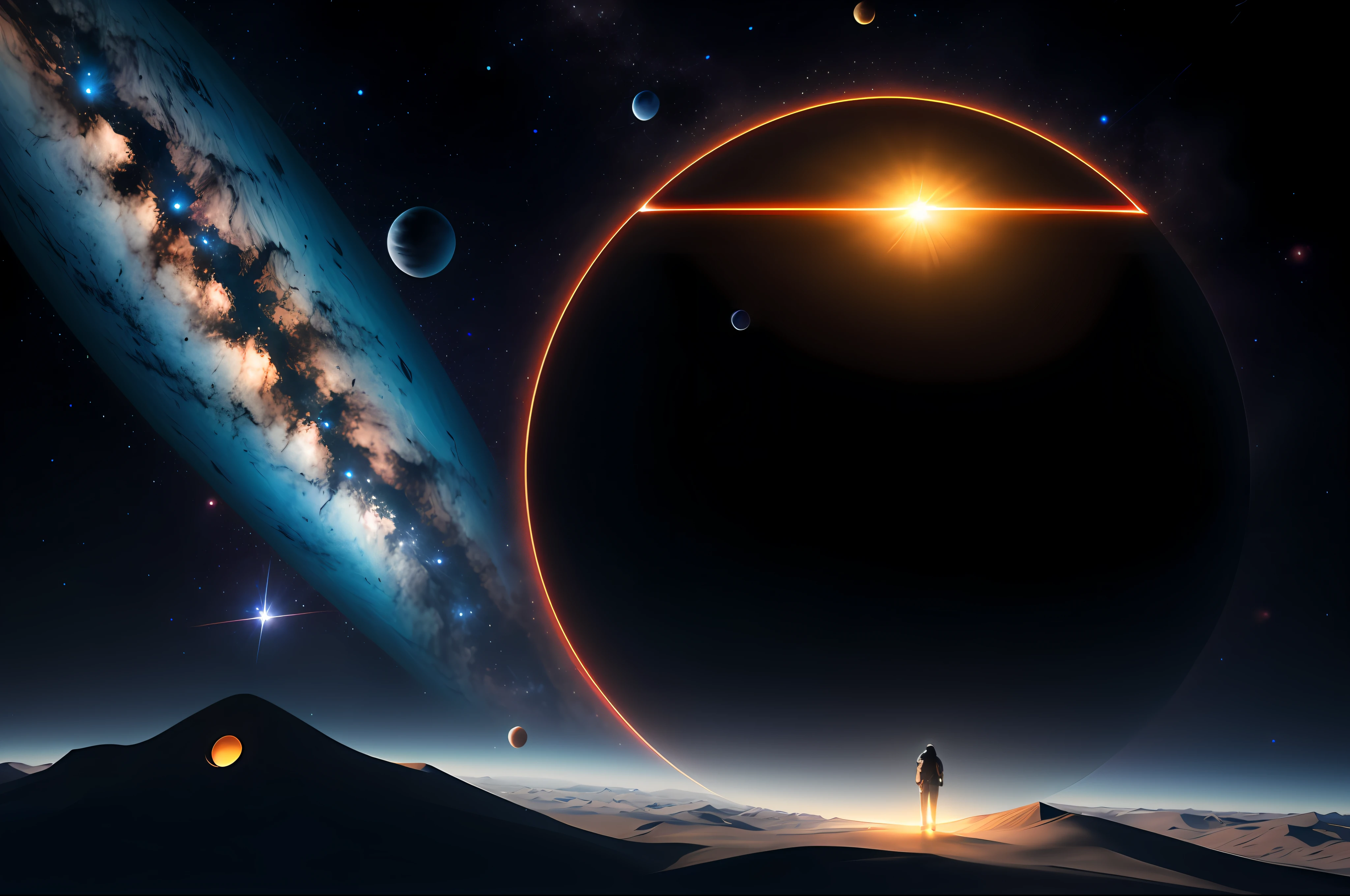 Starry sky with a man standing on a mountain looking at a planet, Science-fi digital art illustration, depicted as a scifi scene, Sci-fi fantasy wallpaper, science fiction digital art, scifi illustration, scifi illustration, portal to outer space, sci fi art, science fiction scene, Space landscape, Surreal space, dark sci - fi background