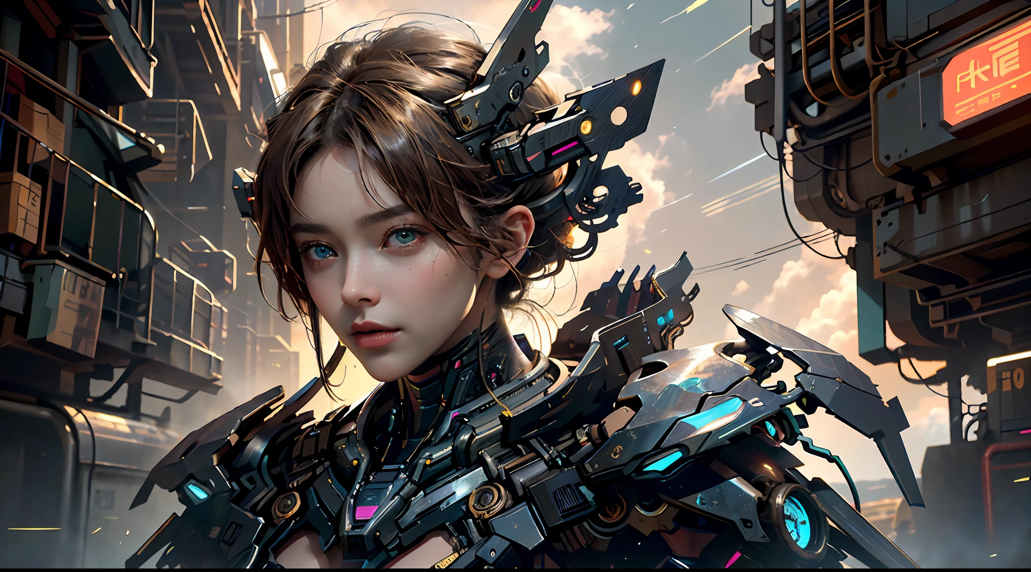tmasterpiece，top-quality，best qualityer，offcial art，Beauty and aesthetics：1.2），（tmasterpiece：1.3）， （8K， realisticlying， RAW photos， best qualtiy： 1.4）， beauitful face， （photorealiscic face），超高分辨率， Ultra photo realsisim， highly  detailed， the golden ratio， （Award-winning digital artwork：1.3） af （sketching：1.3），（with dynamism：1.3），（Saturation：1.3），（Close portrait：1.3），illusory engine， (High detail: 1.9)，（femele：1.4），（big breasts beautiful： 1.4),(carismatic:1.3)，Girl in futuristic suit holding weapon，In front of the city of gunsmoke，Gunsmoke Street，battlefiled， Real women，Real face，cute female child， The perfect cyborg girl， Beautiful female ，beautiful girl cyborg，robotic hand，CG，4K,dramatics，Large breasts，the night，cyber punk perssonage，the night，dramatics