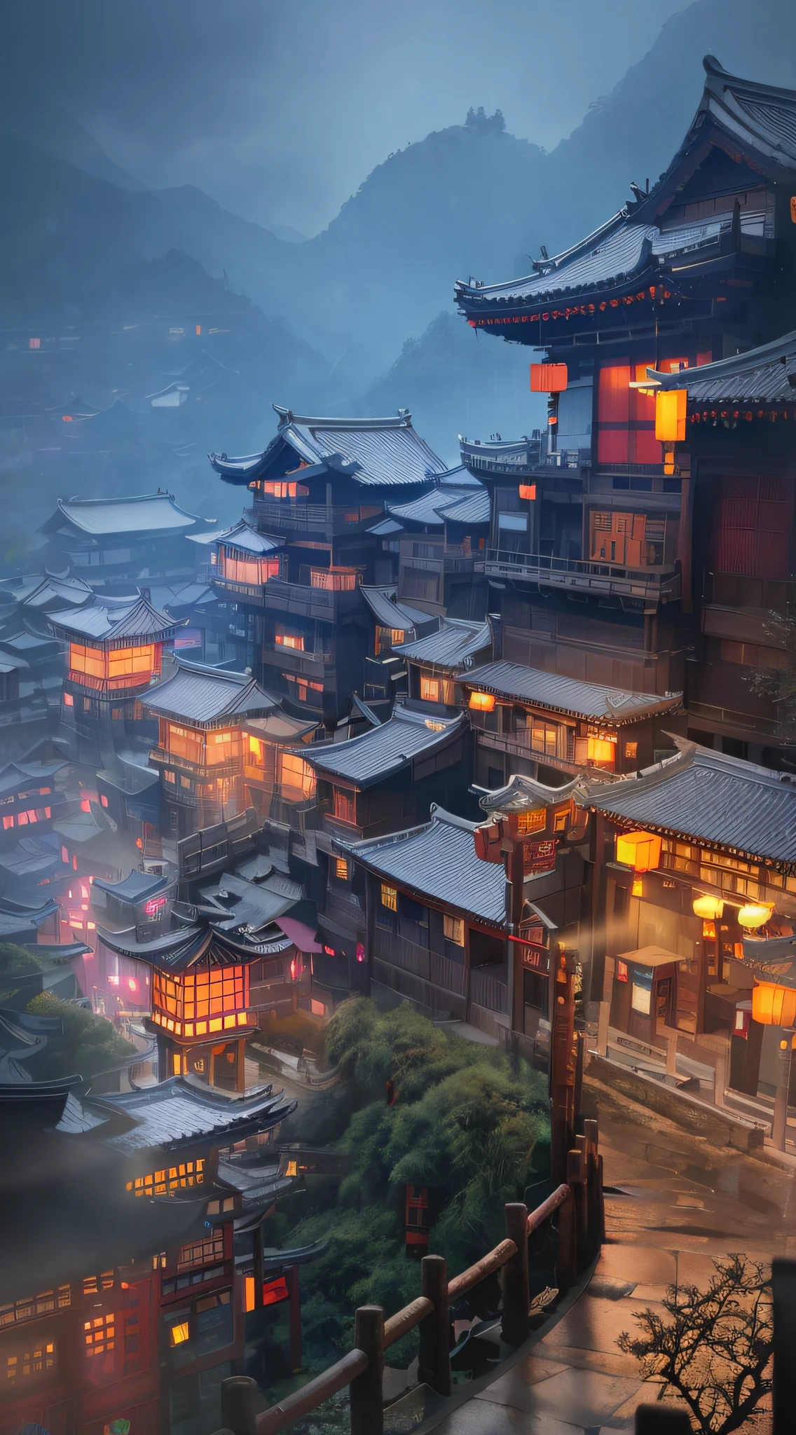 arafed view of a village with a lot of lights on the buildings, dreamy chinese town, chinese village, amazing wallpaper, japanese town, japanese village, hyper realistic photo of a town, old asian village, japanese city, by Raymond Han, rainy evening, cyberpunk chinese ancient castle, beautifully lit buildings, at evening during rain, beautiful and aesthetic, photography, cinematic, 8k, high detailed ((Heavy rain)))