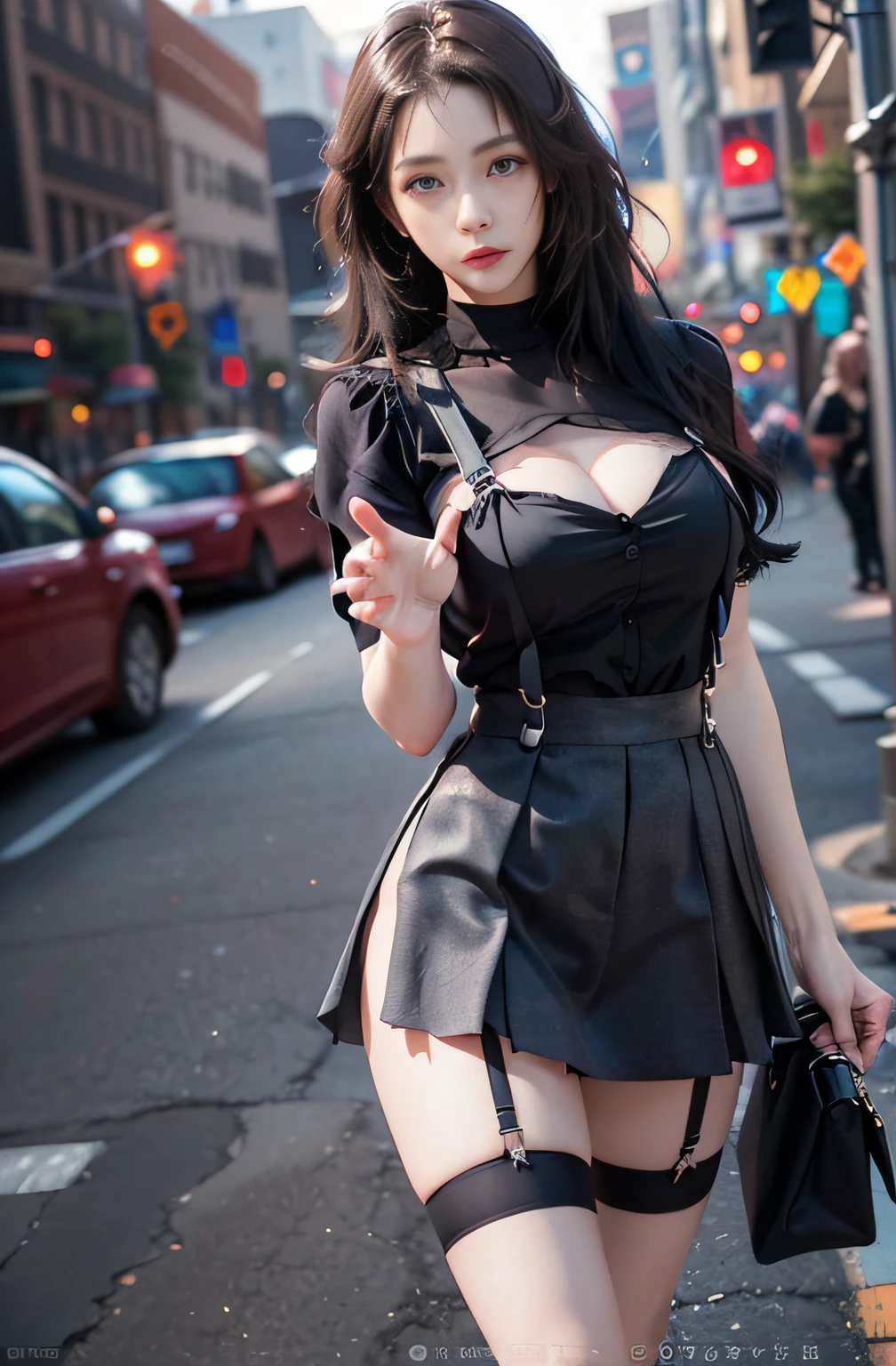 best quality, masterpiece, 1 girl, beautiful face, (photo photo:1.3), edge lighting, (high detail skin:1.2), 8k ultra hd, dslr camera, high quality, high resolution, 4k, 8k, bokeh, ridiculous, best ratio four fingers and one thumb, (realistic:1.3), cute 1girl, wearing black suspenders, medium breasts, short skirt,