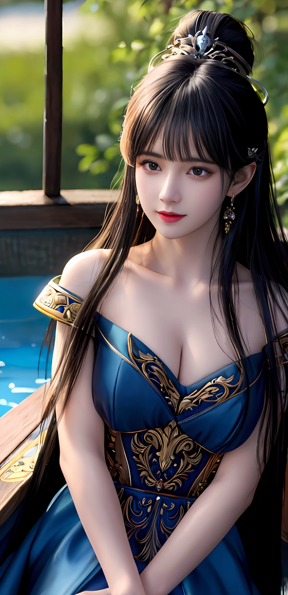 (realisticity: 1.2), best quality, 8K UHD, masterpiece, highres,cg,
1girl, queen, sword, sitting on a royal throne details, luxurious royal palace background, beautiful and detailed, long hair details, wearing a beautiful and luxurious crown filled with diamonds details,
dress details,
solo, jewelry, red and blue dress details
, earrings, super detailed hairdo, splashing, the upper body is very super detailed, super detailed hair bun, super detailed black hair,
lighting,candid,Photograph,high resolution,4k,8k,Bokeh,