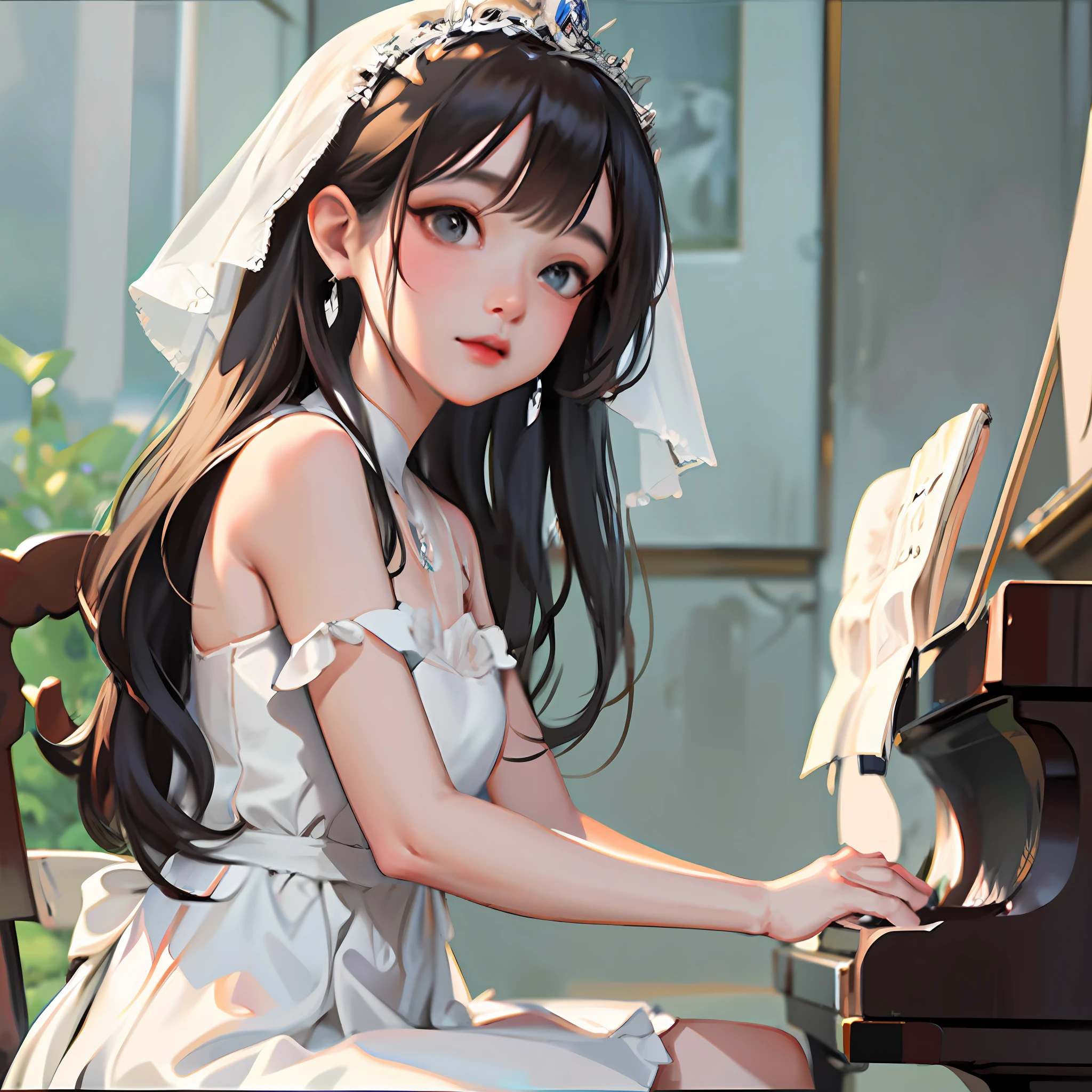 Anime girl playing piano in wedding dress, Guviz-style artwork, Guviz, Guweiz in Pixiv ArtStation, a beautiful anime portrait, Guweiz on ArtStation Pixiv, Beautiful anime style, 8K high quality detailed art, drawn in anime painter studio, realistic anime artstyle, nightcore, Pianist