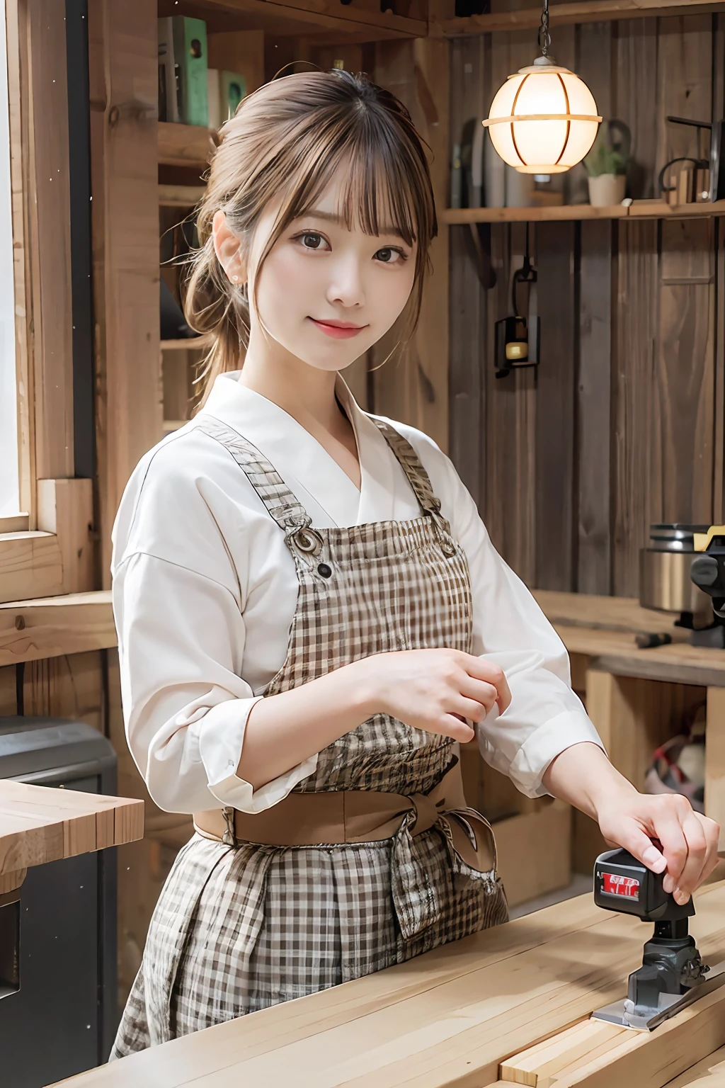 Best Quality, 超A high resolution,Photorealsitic,Beautiful carpenter girl in Japan、with round face、Smile,Light brown and pink striped hair,Straight short hair,poneyTail、hair pin、Japan Temple Carpenter Men's Uniform,Cutting wood with a planer on a woodworking shop workbench、Planing at scale、Beautiful fingertips、Sunlight、Movie Light、