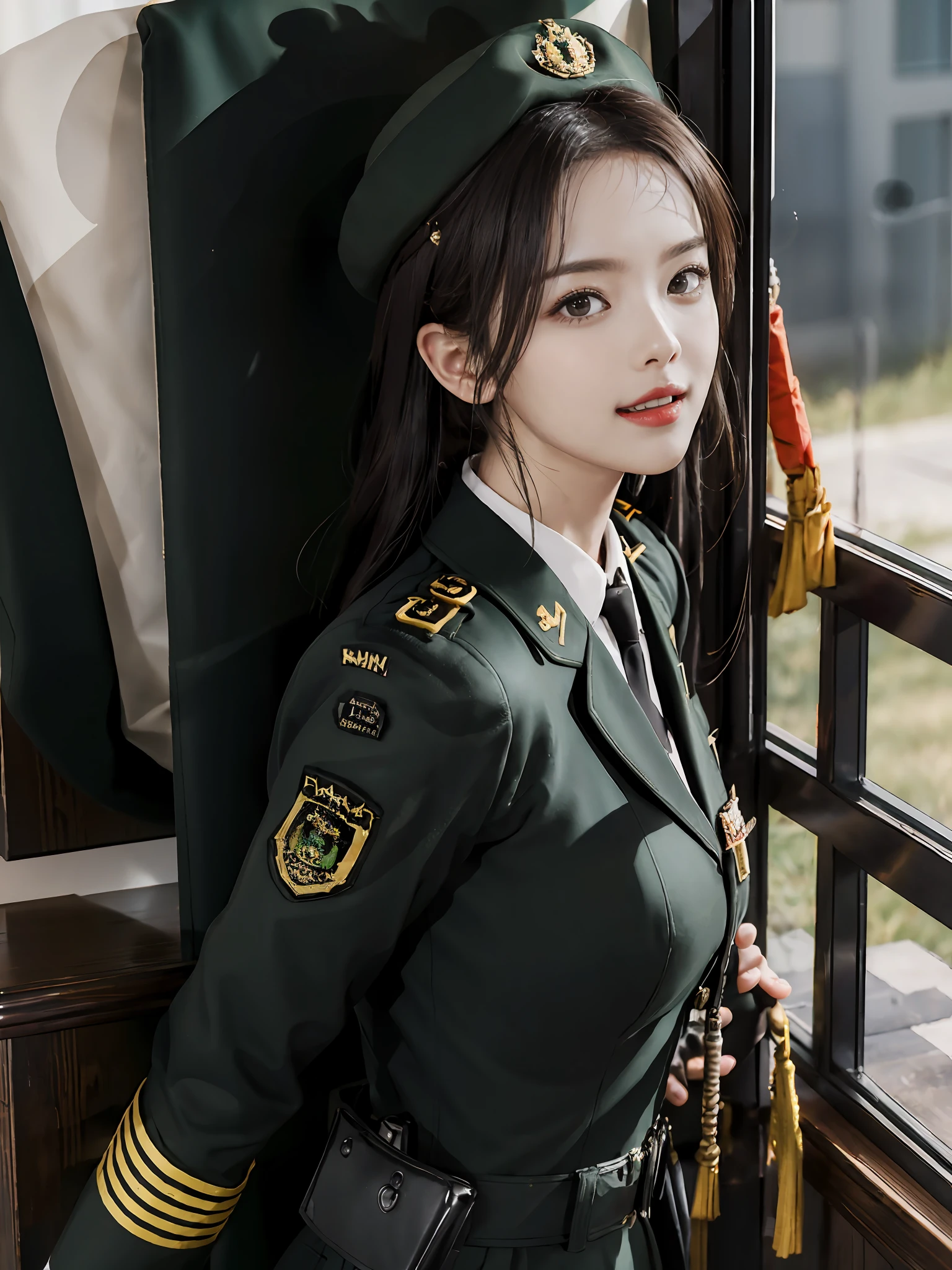 Very detailed CG unity 8K wallpaper，（tmasterpiece），（best qualtiy），（ultra - detailed），（Ultra photo realsisim），（best character detail：1.36），Nikon D750 f / 1.4 55mm，profesional lighting， physically-based renderingt, 1girll, Female soldier，army suit，Green military uniform，Fabric texture military uniform，Pure white lining，Dark green tie，bucket-hat，Black hair，the golden ratio,[:(com rosto detalhado:1.2):0.2]:,PureErosFace_V1, broad shoulder,(Bigchest:1.5),(big assa:1.5)，Soaked with sweat，Place your hands on your chest，red flags，At the cafe，Splendid scenery，bright sun，upper body photos，Flag of China，A bright smile，White teeth，lighting，Contre-Jour，