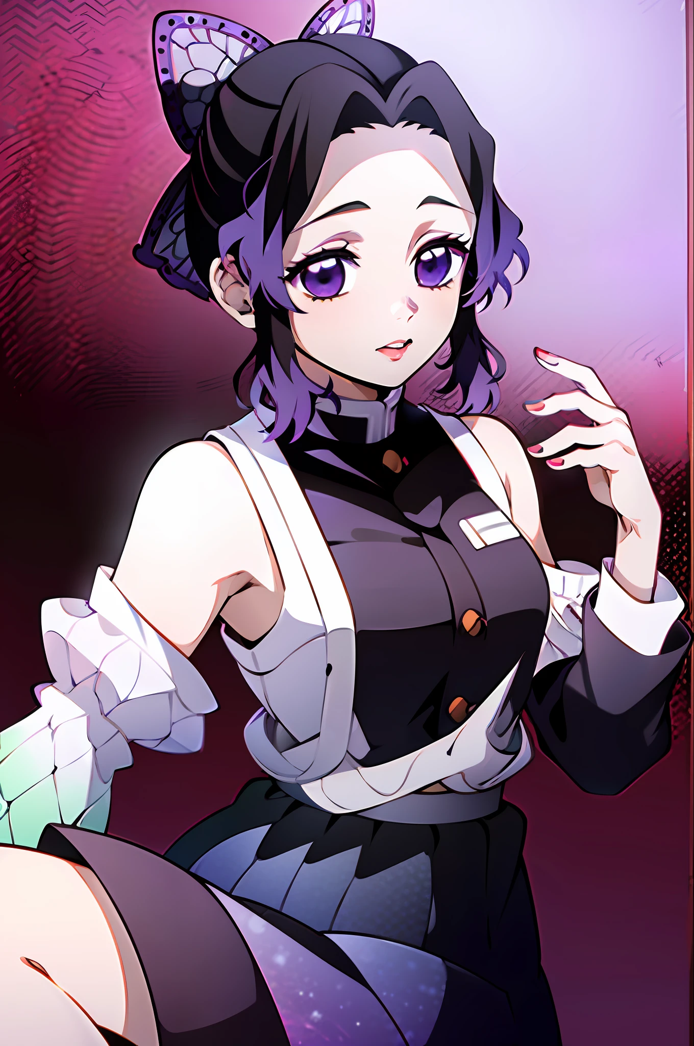 best quality, ultra high res, 1girl, sleeveless white button shirt, black skirt, black choker, (aegyo sal:1), (purple hair:1), ((puffy eyes)), looking at viewer, half body, facing front, crimson eyes,detailed eyes