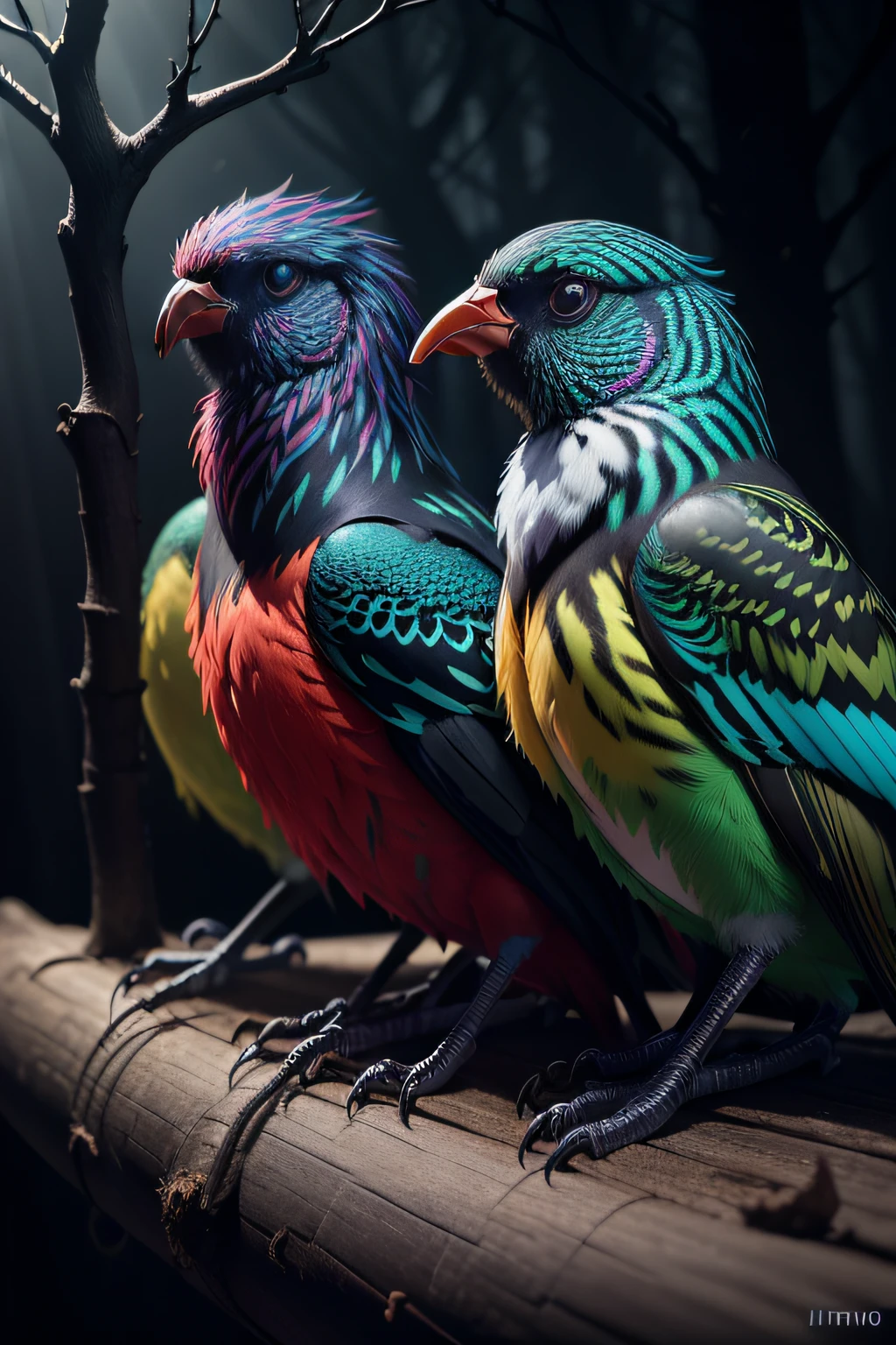 (((Colorful birds sitting on tree branches, dark mysterious forest, Dramatic lighting, Dark photograph, Night))),, Best quality, 超高分辨率, (Photorealistic:1.4),, high resolution, Detailed, RAW photo, Sharp Re, author：Lee Jeffries Nikon D850 Film Stock Photo 4 Kodaport 400 Camera F1.6 lens rich colors hyper realistic lifelike texture dramatic lighting unrealengine trending on artstation cinestill 800,, Photorealistic, Photo, Masterpiece, Realistic, Realism, Photorealism, High contrast, photorealistic digital art trending on Artstation 8k HD high definition detailed realistic, Detailed, Skin texture, ultra - detailed, Realistic skin texture, armature