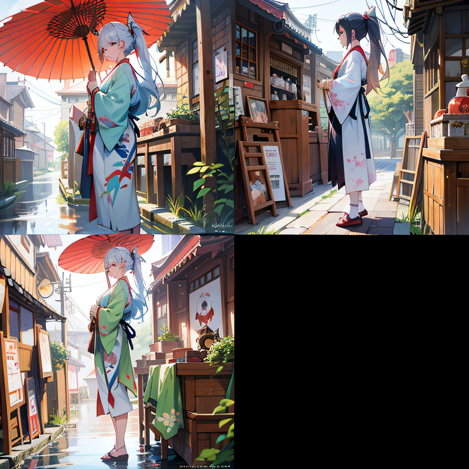There are two photos of women dressed in traditional Japanese costumes, Guviz, Guviz-style artwork, Guweiz in Pixiv ArtStation, Guweiz on ArtStation Pixiv, krenz cushart and wenjun lin, makoto sinkai, traditional japanese concept art, trending on artstation pixiv