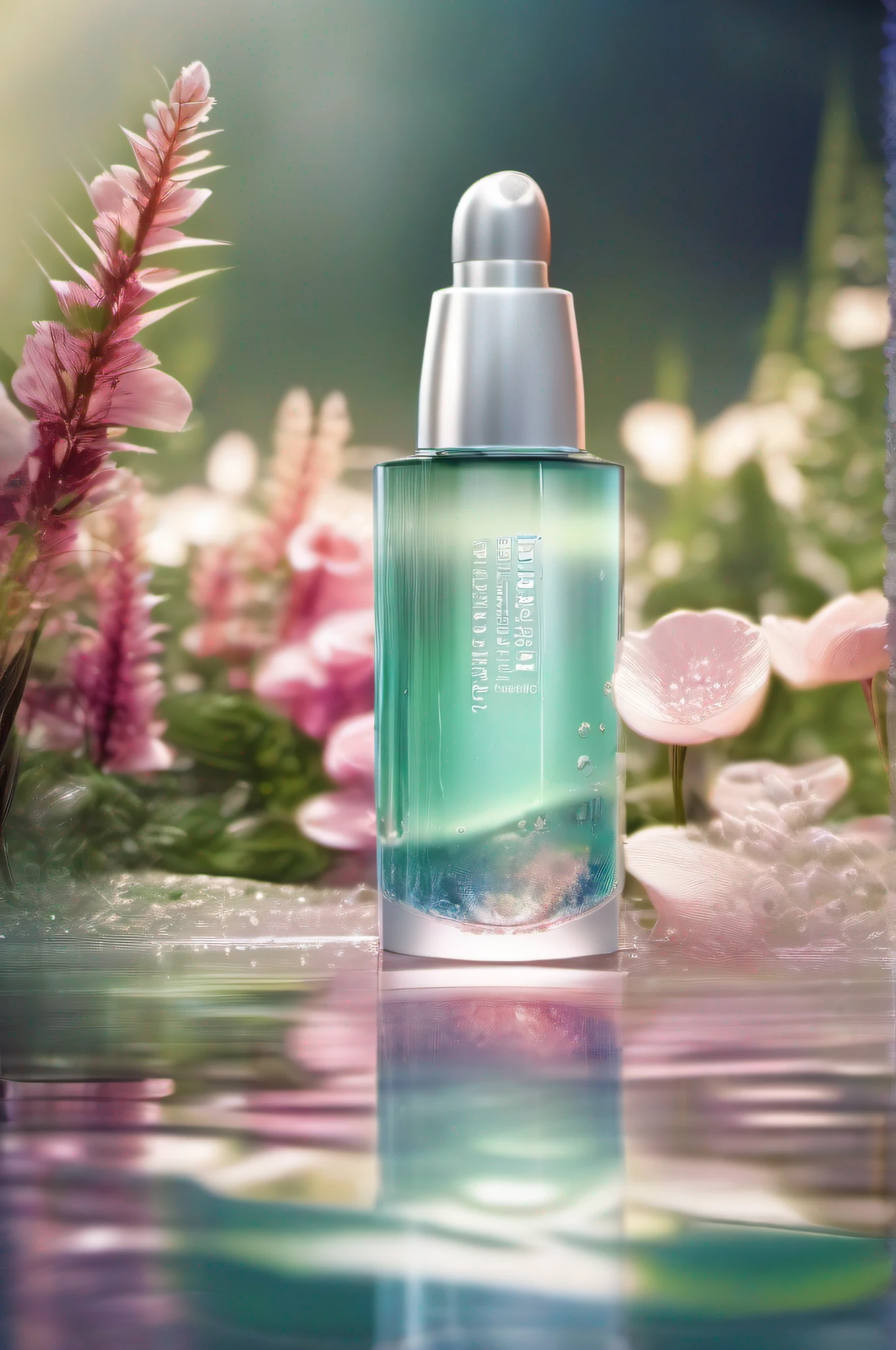 A cosmetic bottle of skin care water, Material de vidro, Gradient color, There are water droplets on the surface, Broad bottom and narrow top, Place on a disc, The disc is on water, Plants and flowers in the background, The sun shines obliquely on the upper right, high details, best quality, HD, ccurate, masterpiece