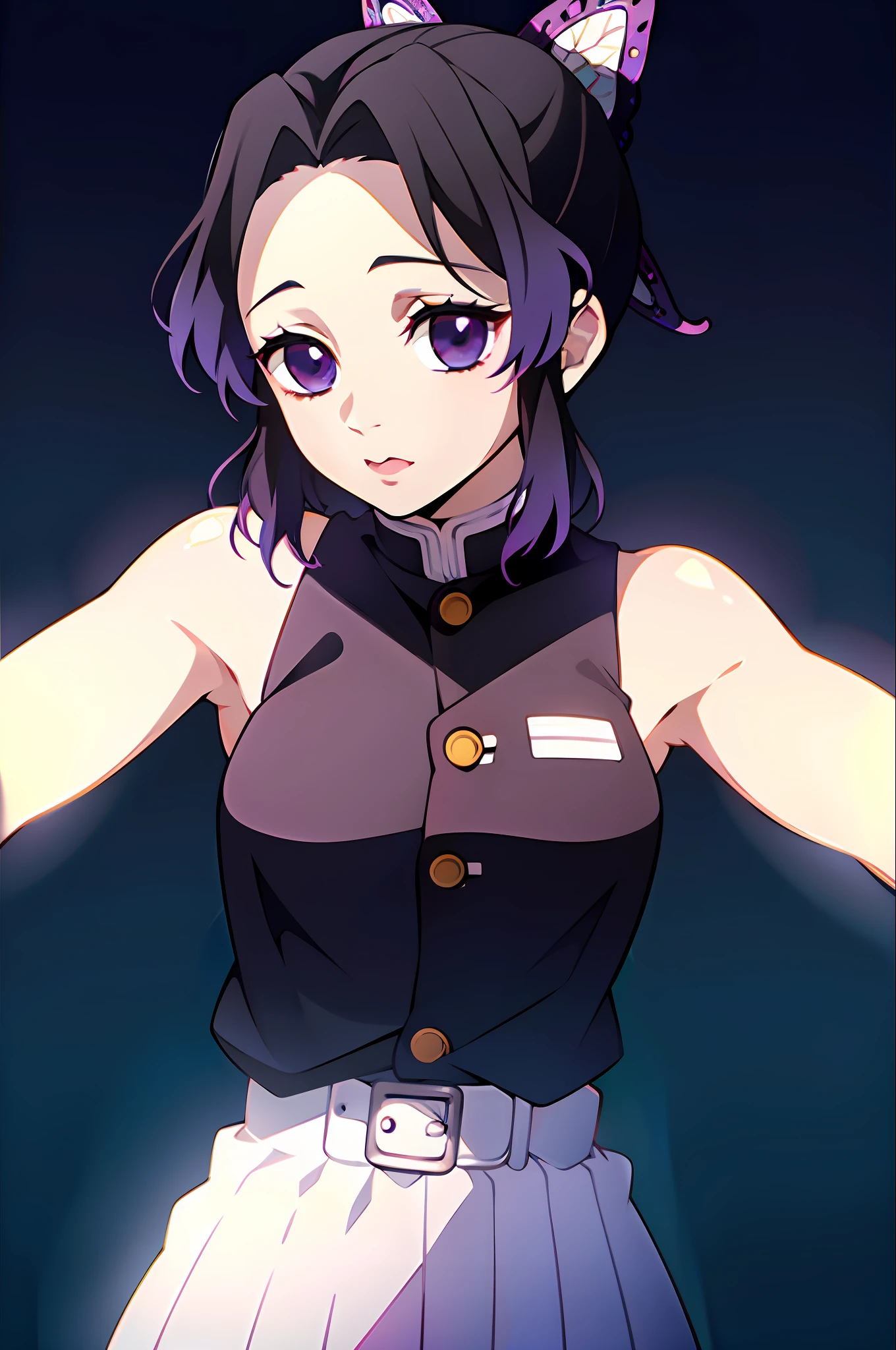 best quality, ultra high res, 1girl, sleeveless white button shirt, black skirt, black choker, (aegyo sal:1), (purple hair:1), ((puffy eyes)), looking at viewer, half body, facing front, crimson eyes,detailed eyes