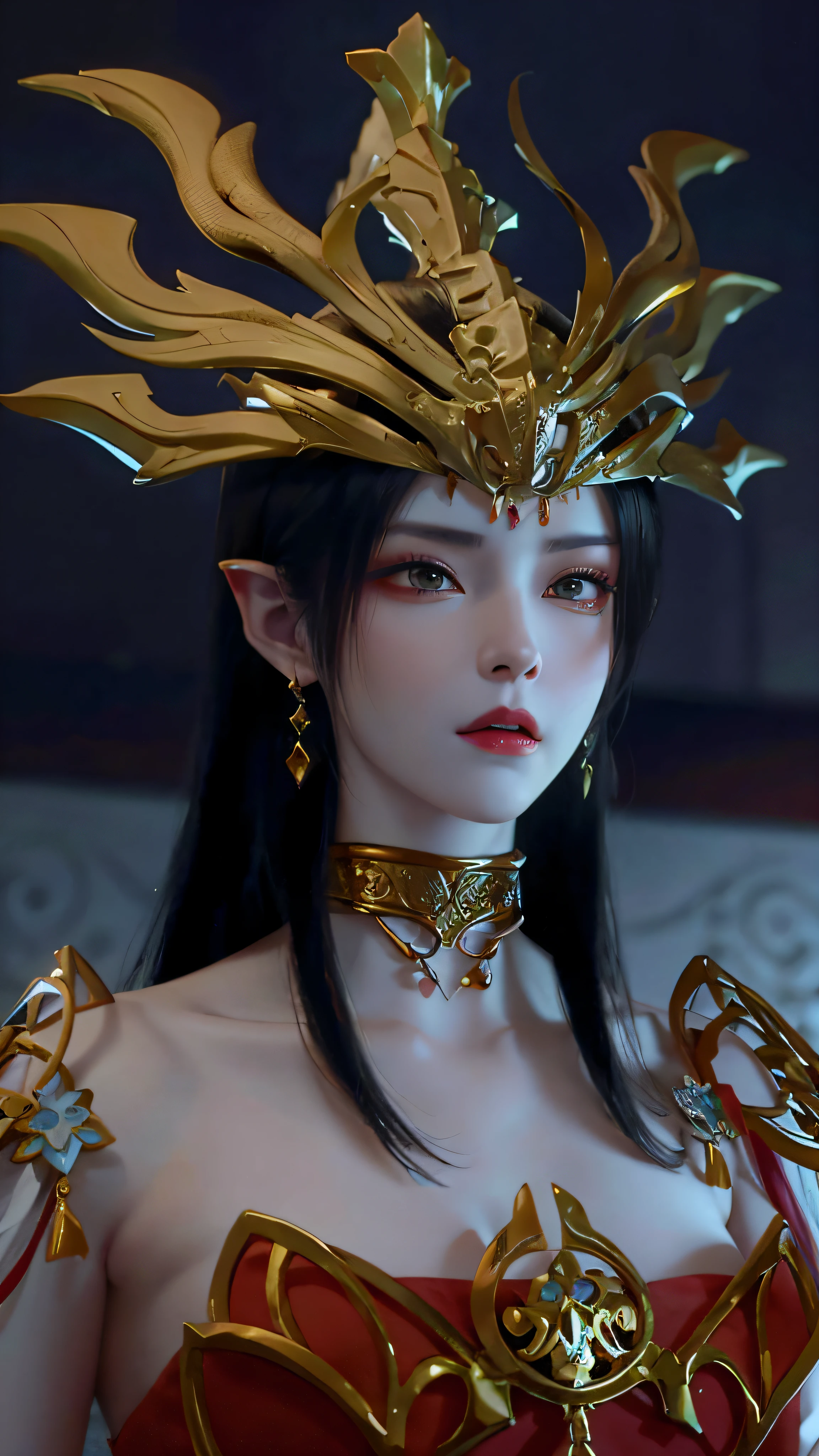 Close-up of a woman in a red dress and gold jewelry,Royal Sister,Superb beauty,a queen,Beautiful and elegant queen, portrait of a queen, Xianxia, a beautiful fantasy empress, xianxia fantasy, Beautiful young wind spirit, inspired by Li Mei-shu, ((a beautiful fantasy empress)), xianxia hero, 3 d anime realistic, full-body xianxia, Smooth anime CG art