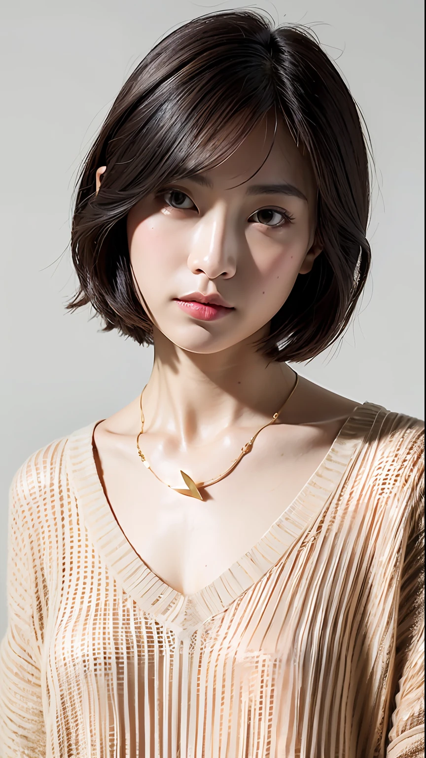 (Best quality, 8k, 32k, Masterpiece, UHD:1.2),Photo of Pretty Japanese woman, large breasts, very short bob hair,upper body,face focus,oversized_sweater, necklace, simple background, from above, looking at viewer,