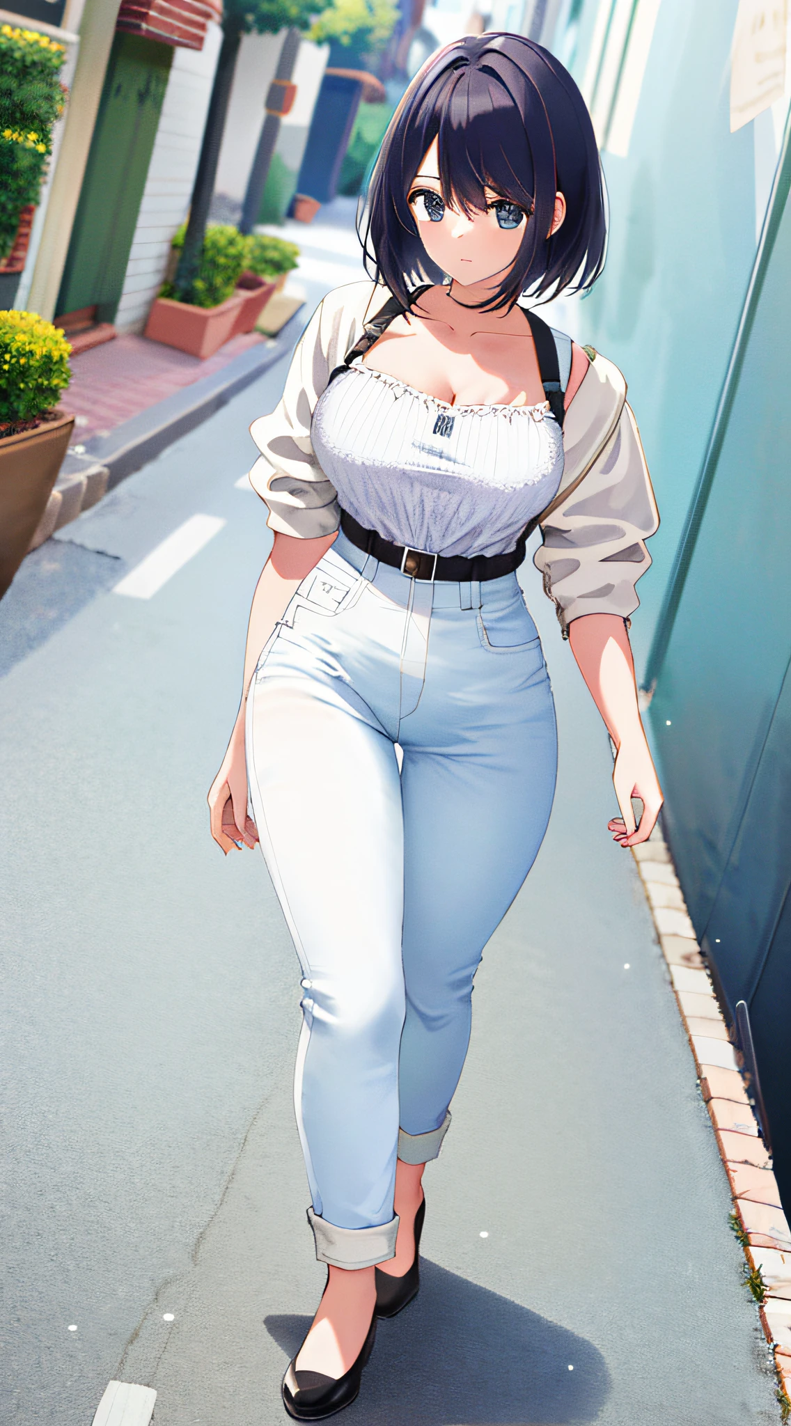 Walking down the street was a bodice dressed（white straitjacket）Wear it on the lower body（denim pant）Kinky Women