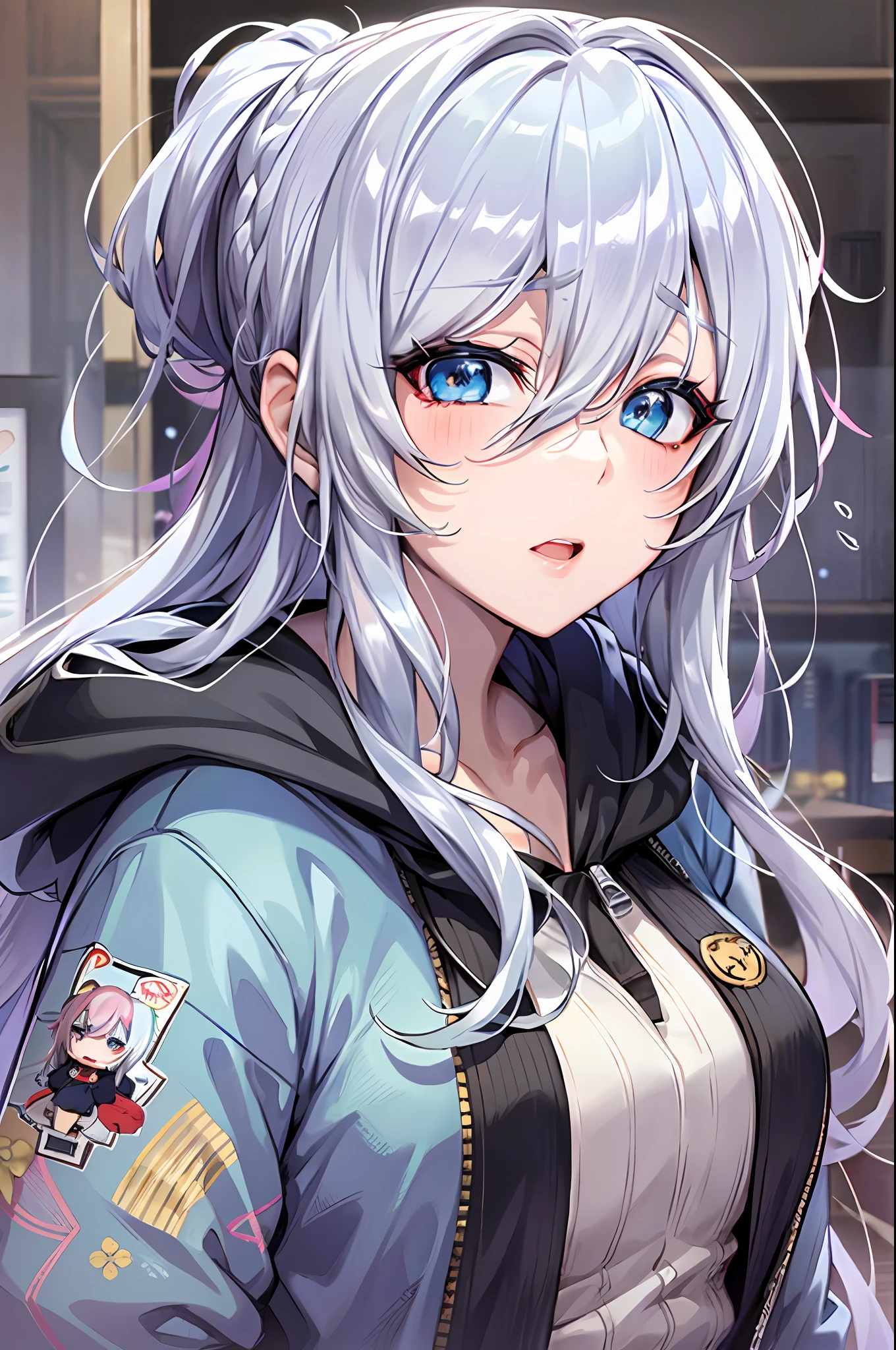 Silver hair and eyes in a black hoodie, anime visual of a cute girl, screenshot from the anime film, & her expression is solemn, ahegao face, in the anime film, in an anime, anime visual of a young woman, she has a cute expressive face, still from anime