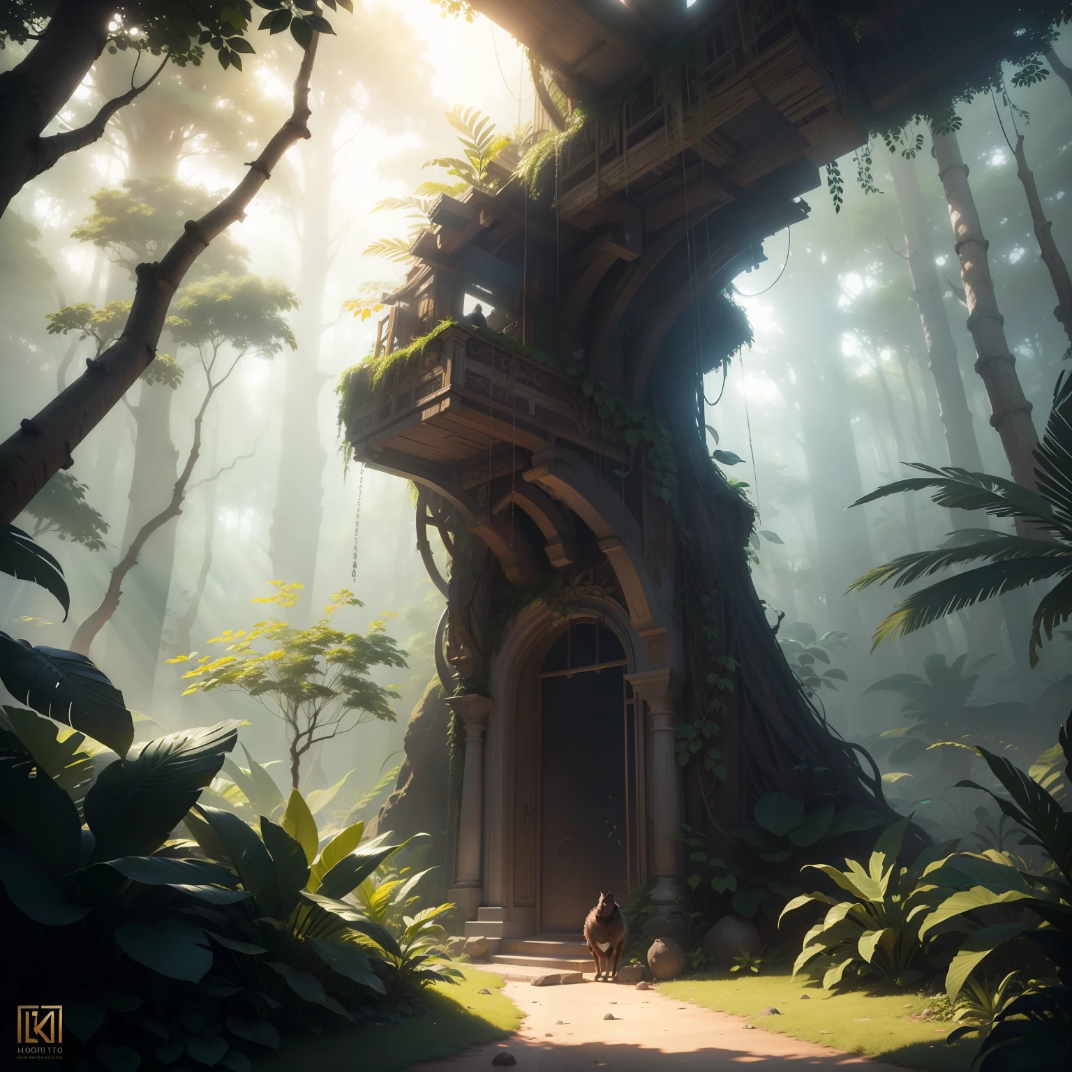 Digital illustration, detailed and intricate, of a dense jungle filled with exotic plants and animals, the sunlight filtering through the canopy creating a dappled effect. Masterpiece, proportional, detailed, trending on artstation, beautiful lighting, realistic, intricate, award winning, 4k, highest quality Award-winning, Detailed and masterfully capturing the chaos and drama of the scene. Beautiful lighting and cinematic composition make this piece a true masterpiece, trending on artstation