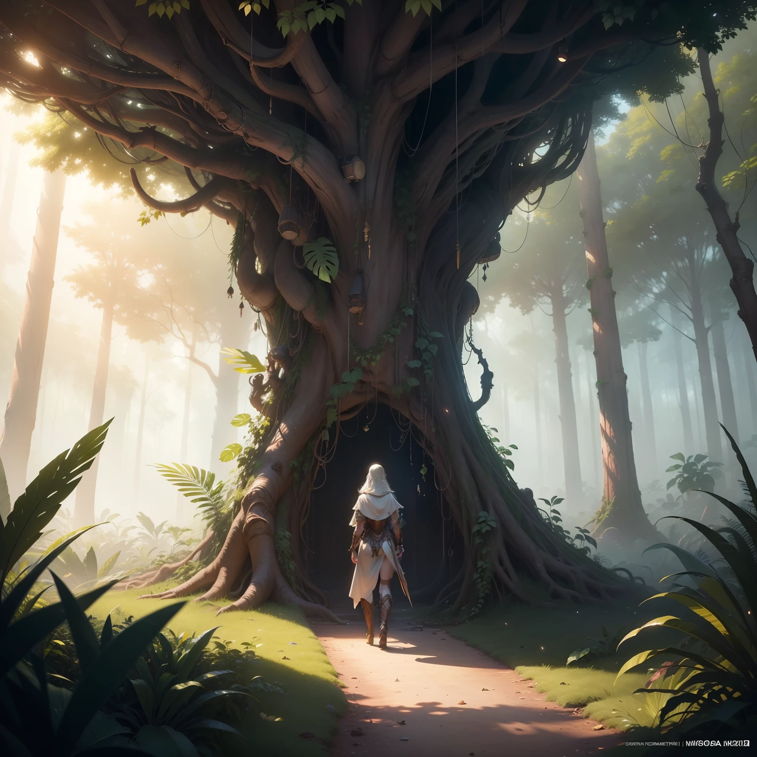 Digital illustration, detailed and intricate, of a dense jungle filled with exotic plants and animals, the sunlight filtering through the canopy creating a dappled effect. Masterpiece, proportional, detailed, trending on artstation, beautiful lighting, realistic, intricate, award winning, 4k, highest quality Award-winning, Detailed and  masterfully capturing the chaos and drama of the scene. Beautiful lighting and cinematic composition make this piece a true masterpiece, trending on artstation