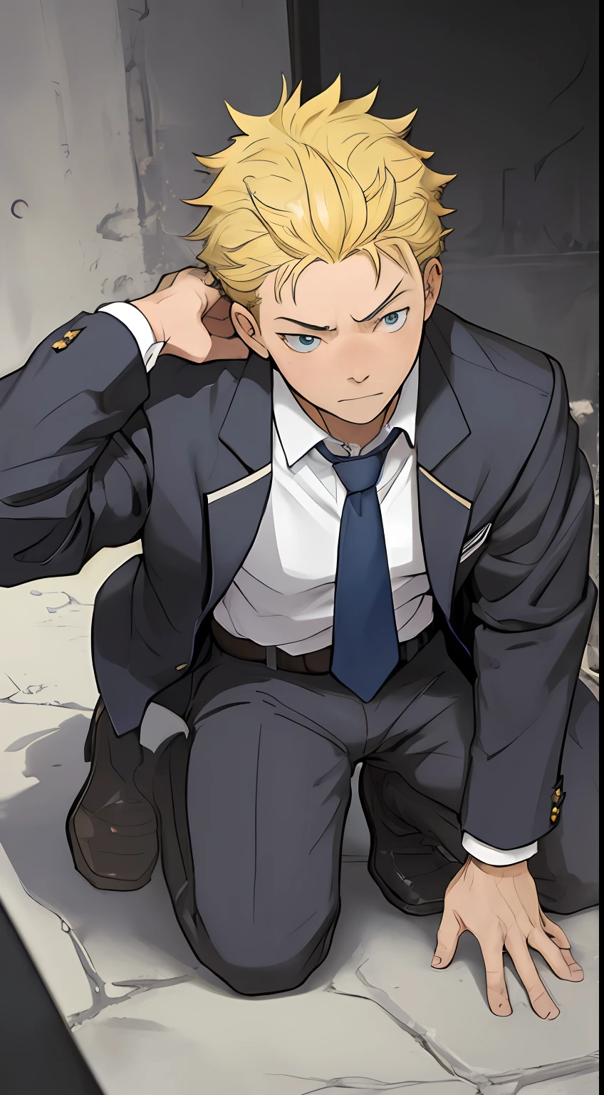 (1 Adult male),A high resolution, Sharp focus, Pixiv masterpiece, ((Complicated details)), highly detailed, natsuki_subaru, 1 man,Defeat, crestfallen,full bodyesbian,kneels on the ground, (A gesture of pleading),blue color eyes(eyes glowing), Short yellow hair,white shirt,Wear a tie,Wear a belt,perspire,look from down