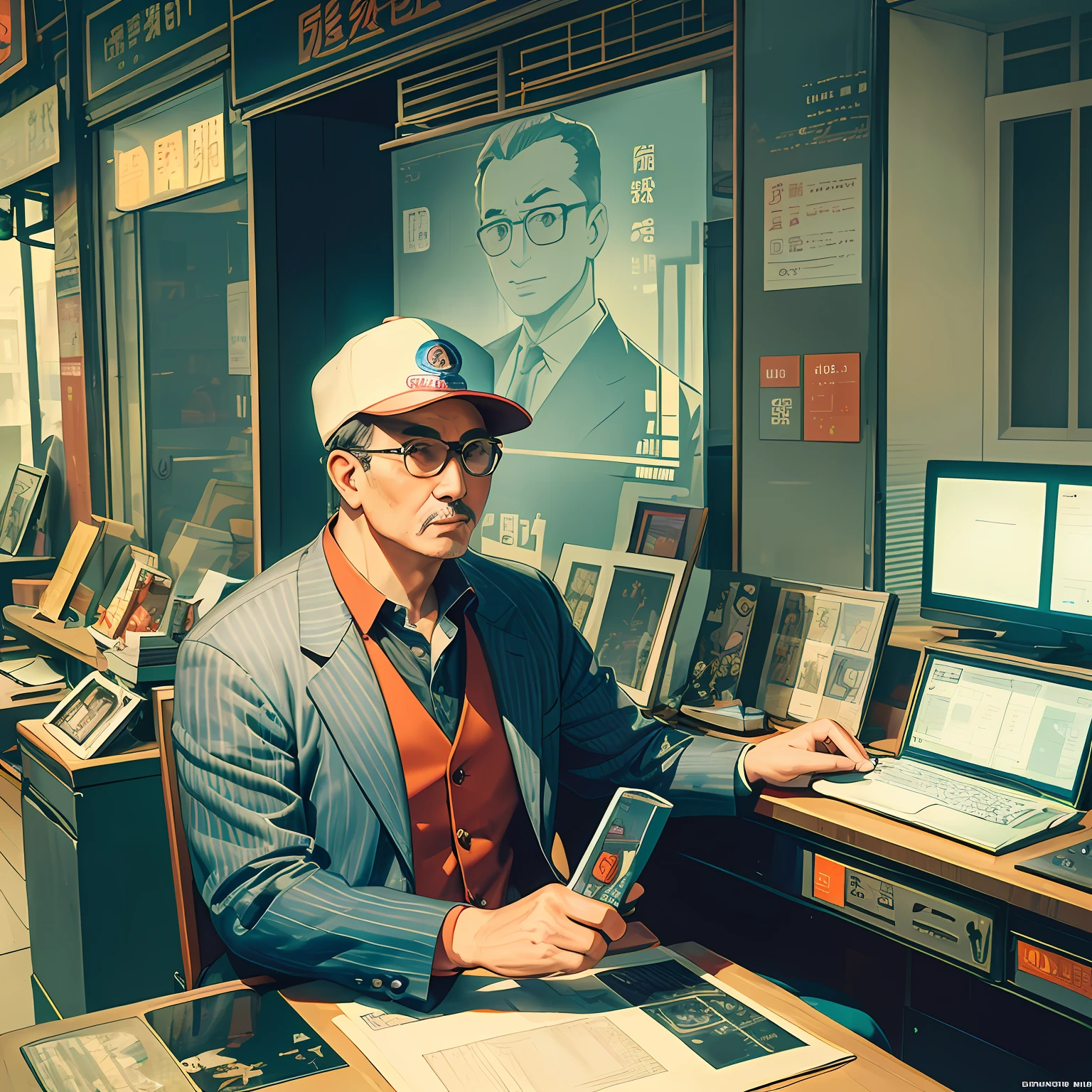 A man sitting in front of a computer design,Old Shanghai, China,60's,pop-art,designs,Shop front,Design drawings