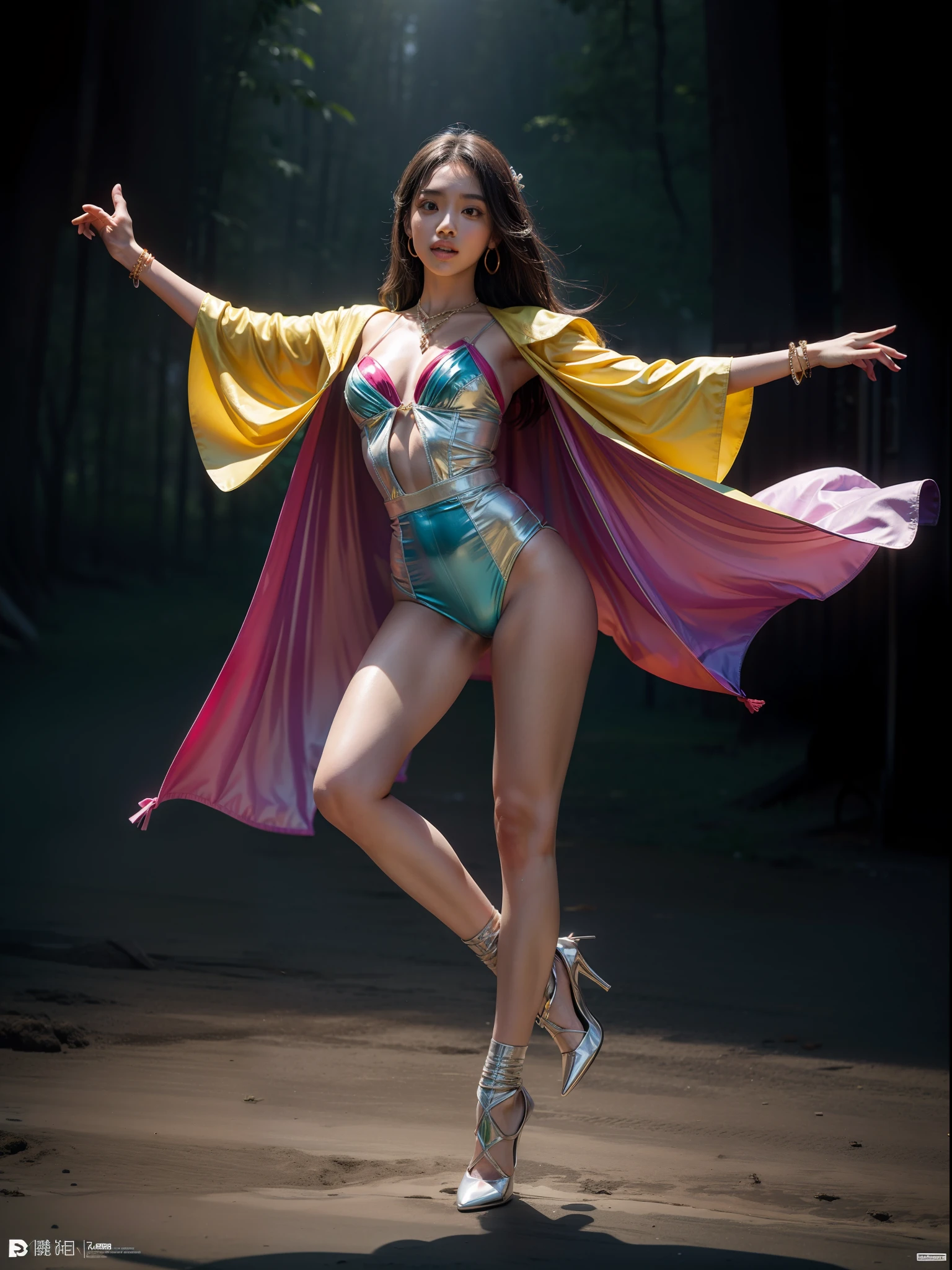 (Full body shot:1.3), (1girll:1.2), anatomy correct, Must show your face, Dance on top of a mountain, The breath of nature, Uniform high heels must be worn, Oily all over, (In pink|amarelo|blue colors|green color|red colour|white colors|black in color|purpleish color|greys|Beige|Skin color), cosplay, Many jewelry, A shallow laugh, anatomy correct, Complex and diverse backgrounds, hyper HD, Ray traching, reflective light, structurally correct, Award-Awarded, high detal, lightand shade contrast, Face lighting, cinmatic lighting, tmasterpiece, super detailing, high high quality, high detal, best qualityer, Reflectors, 16k