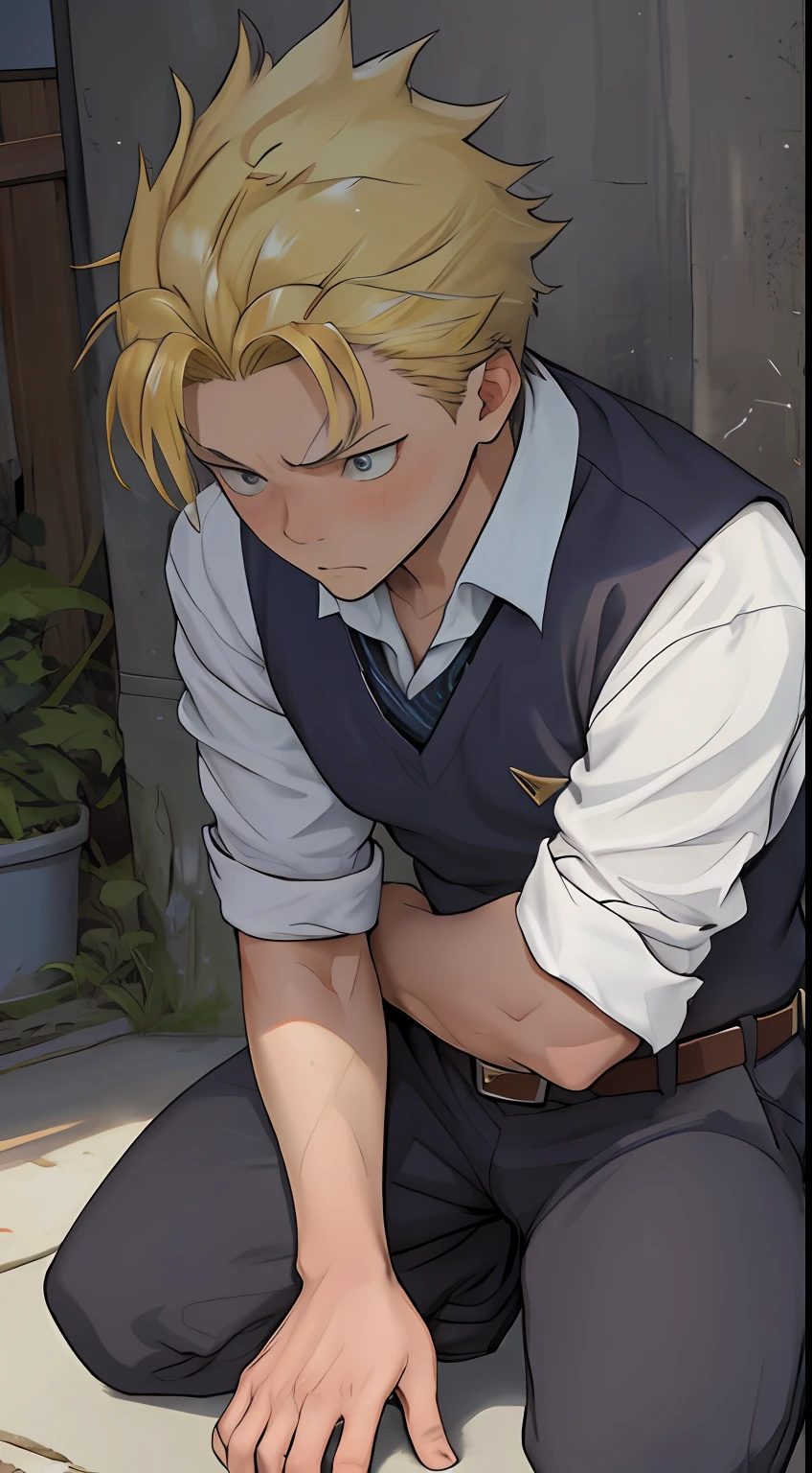 （1 Adult male），A high resolution， Sharp focus， Pixiv masterpiece， （（Complicated details））， highly  detailed， natsuki_subaru， 1 man，Defeat， crestfallen，full bodyesbian，kneels on the ground， （A gesture of pleading），blue color eyes（eyes glowing）， Short yellow hair，white  shirt，Wear a tie，Wear a belt，perspire，look from down