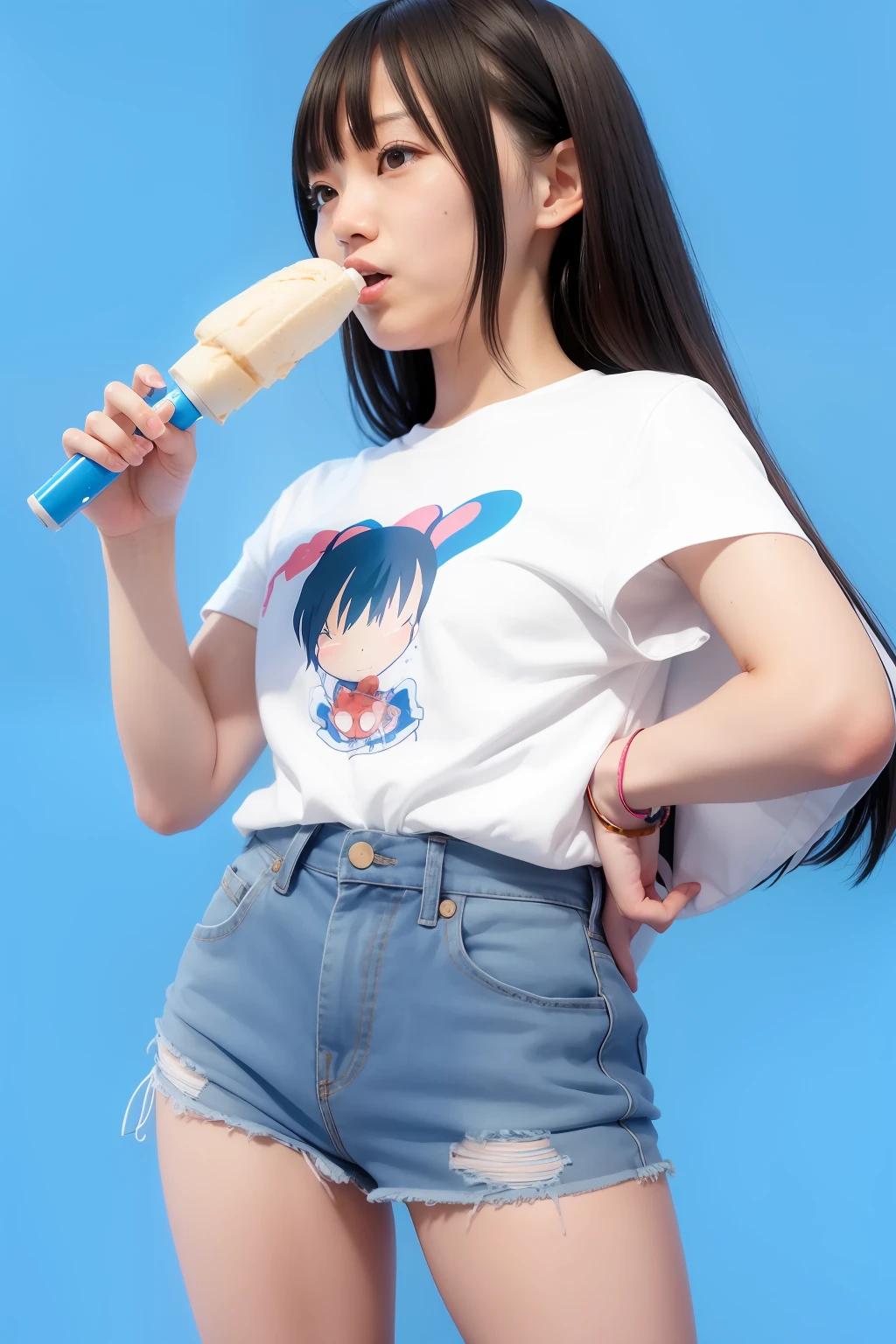 Anime character with cartoon character in the middle on blue background and white background, by Naka Bokunen, nagatoro, eating ice - cream, Ice cream, Eating ice cream, けもの, shintaro kago, chiho, Ecchi, by Naohisa Inoue, sayori, by Yuki Ogura