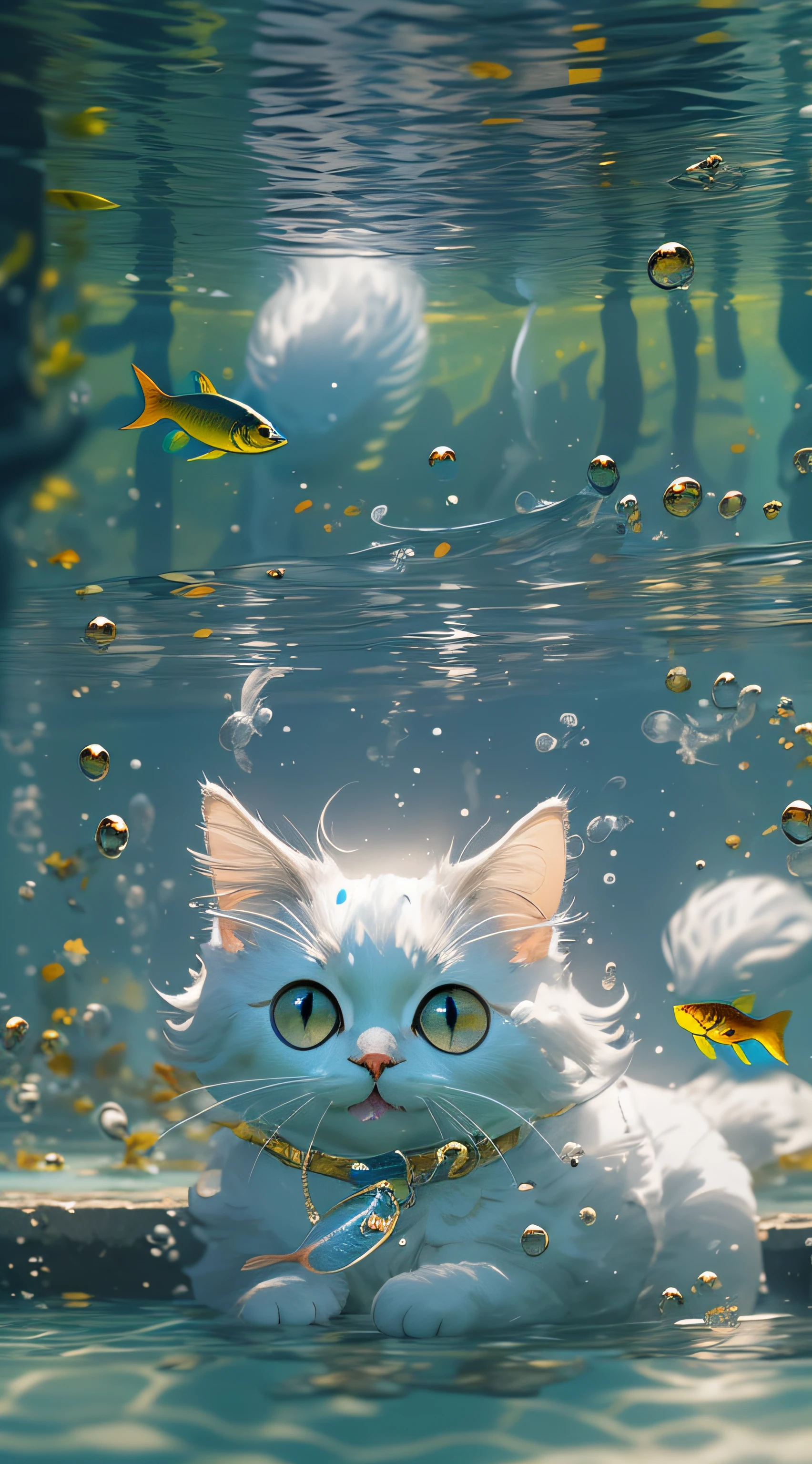 The Ragdoll cat，MG mao，（Gray-black ears：1.3），White，Textured face， Sophisticated visuals， k hd， tmasterpiece， The fish， sbeard， eBlue eyes， No Man， Animal focus， with her mouth open， looking at viewert， white cat， under the water，under the water， Buble， 独奏， swimmning， gold fish， submerge，
