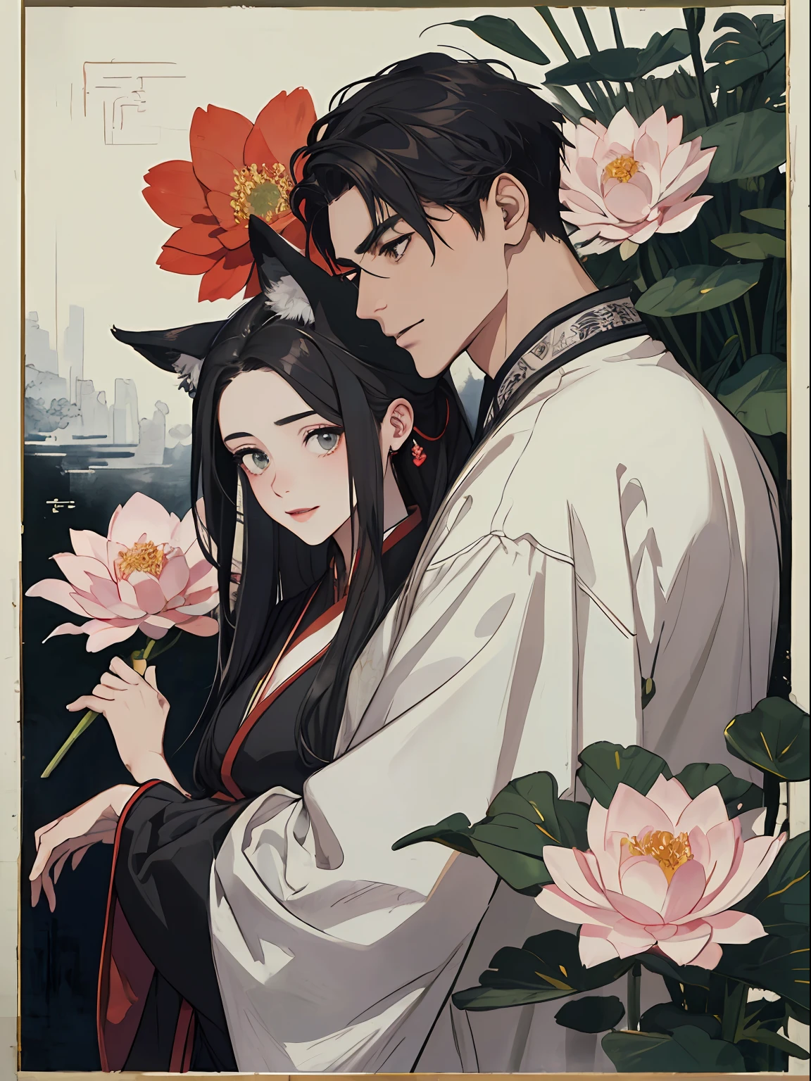 ((4K、masterpiece、top-quality))、(Two men smiling face to face)、(Two men)、Gray-haired man with beautiful fox ears、Strong man with black hair with wolf ears、ink and watercolor painting、Traditional Chinese Ink Painting、lotuses、Hanfu、Maxi Kit、Dress conservatively、Animal ears,、bule、florals、Lots of flowers nearby、shenron、extra detailed face