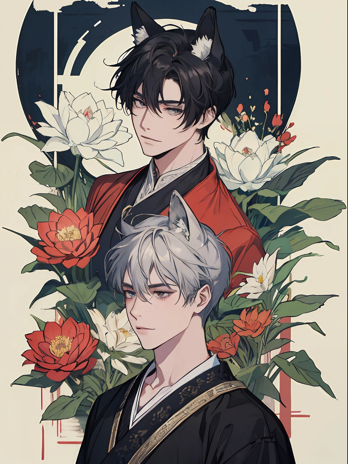 ((4K、masterpiece、top-quality))、(Two men smiling face to face)、(Two men)、Gray-haired man with beautiful fox ears、Strong man with black hair with wolf ears、ink and watercolor painting、Traditional Chinese Ink Painting、lotuses、Hanfu、Maxi Kit、Dress conservatively、Animal ears,、bule、florals、Lots of flowers nearby、shenron、extra detailed face