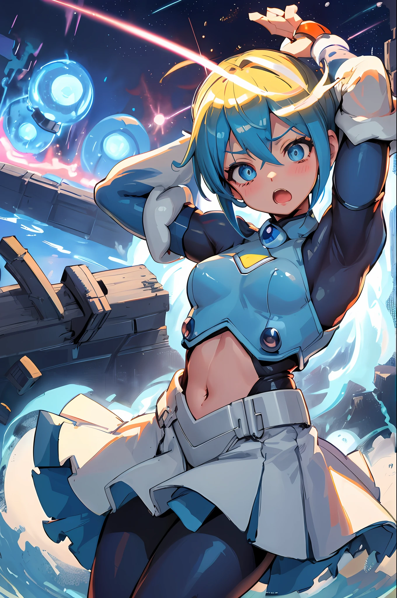 (capcom:megaman)、Volume Lighting、Best Shadows、Shallow depth of field、Portrait of an amazingly beautiful girl、Blue and light blue and white bodysuit、Eyes with eyes as beautiful as stars、open open mouth、Bring out the double teeth、Beautiful medium milk、Blush Eyeshadow、Separate Wear、Navel out、slim waist、Scrap yard、Cityscape dominated by machines、Scrap plant、Outer phase、Outdoor Unit、Energy cannon release、Unleash Rock Buster、(top-quality、Superb Detail:1.25)、(独奏:1.3)、Brilliant Colorful Paintings、short cut hair、sigma、megaman、Zero、Exe、Kamehameha、Wave Fist、Garrick Gun、