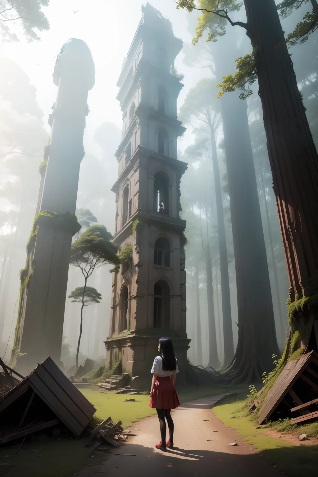 asia,In a forest thick with humanoid trees, a black-haired girl with red shoes stands fragilely in front of a ruin. The sky is a pale rainbow color, and many airplanes are flying.