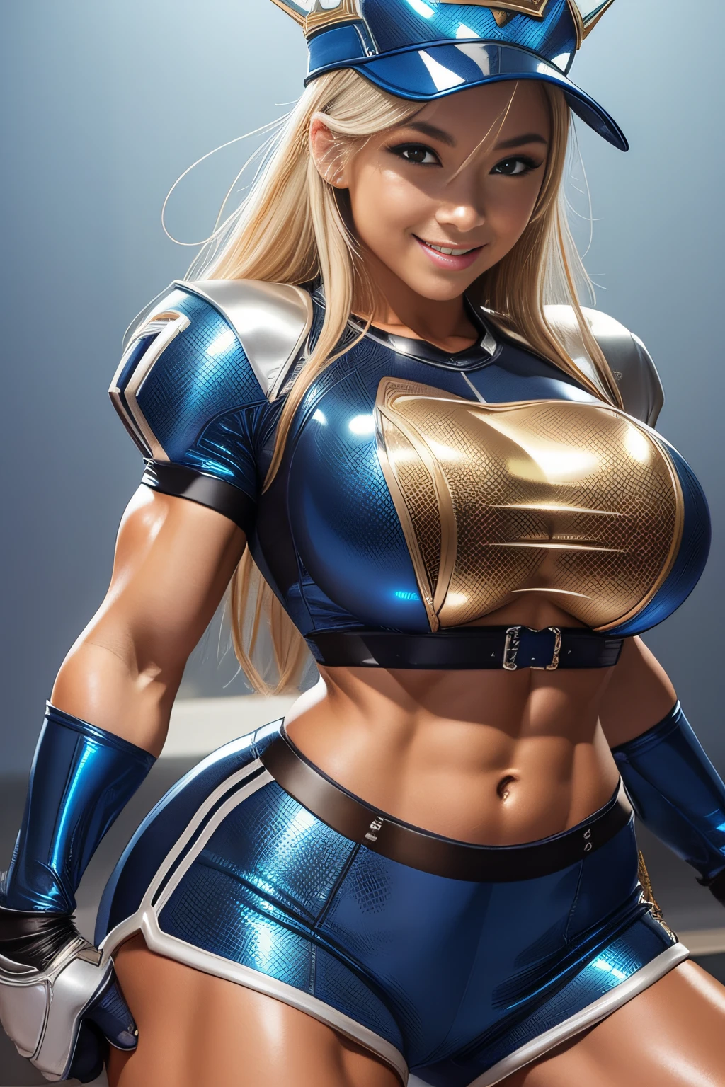 Five Fingers、Colossal tits、Fitness Model、musculature、Metallic shiny clothes、Cool smile、glistning skin