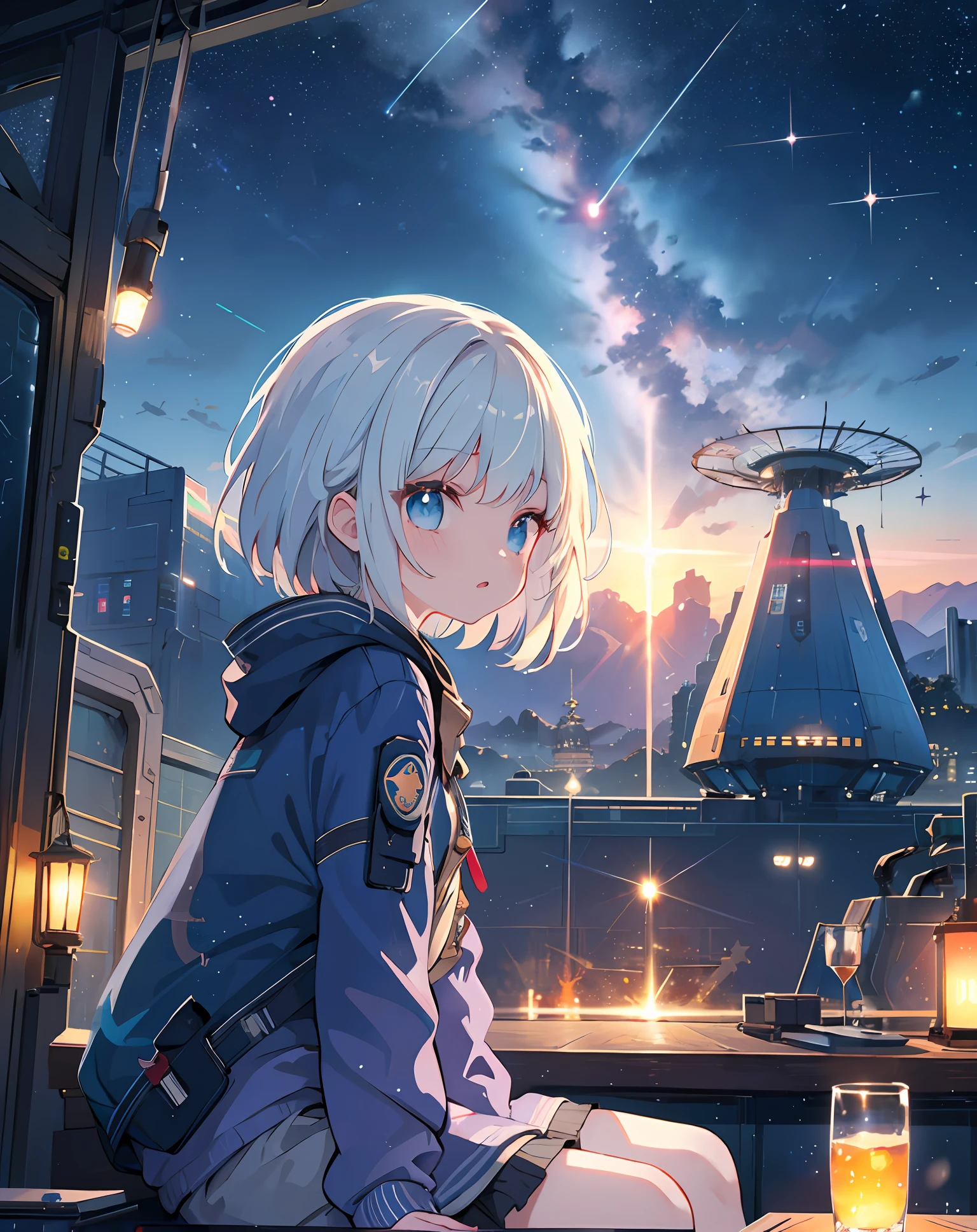 best quality, masterpiece, extremely detailed, detailed background, anime, 1girl, young girl, short girl, sci-fi, science fiction, outdoors, night, starry sky, greenhouse, megastructure, bio-dome, landscape, scenery, horizon, rooftop, sitting on rooftop, wind, looking away, atmospheric lighting, solo focus, close up, from side, depth of field, bokeh