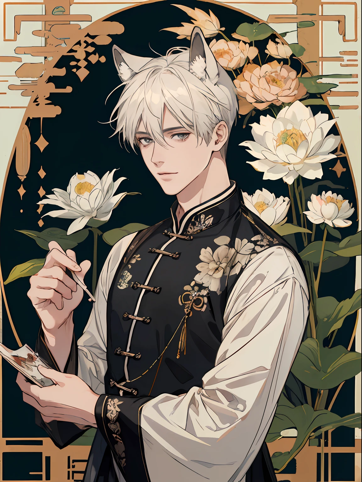((4K、​masterpiece、top-quality))、(Two men smiling face to face)、Armin Arlert of a white-haired man with beautiful fox ears、Erwin Smith of a strong man with black hair with wolf ears、ink and watercolor painting、Traditional Chinese Ink Painting、lotuses、Hanfu、Maxi Kit、Dress conservatively、Animal ears,、bule、florals、Lots of flowers nearby、shenron、extra detailed face