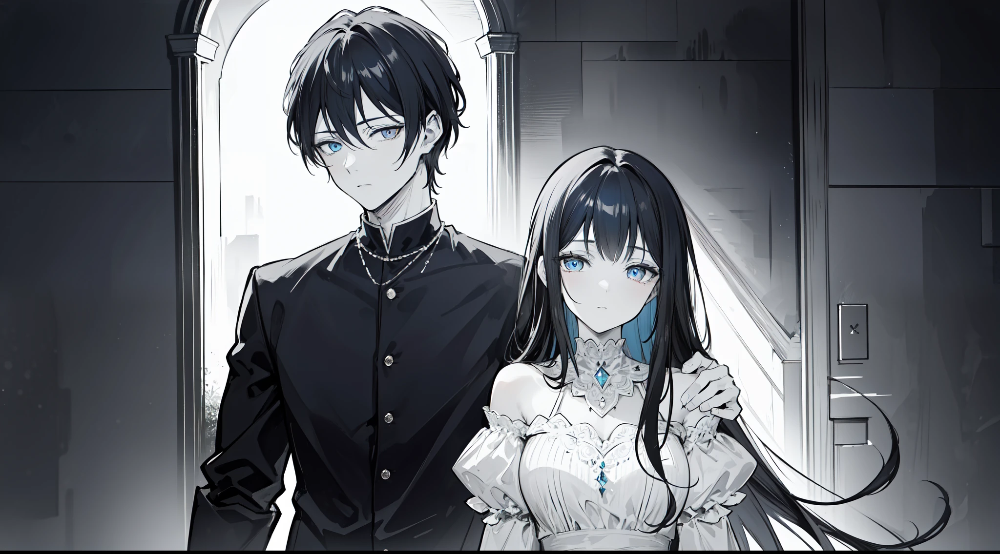 "4k monochromatic romantic fantasy scene: mature couple embracing tenderly. The man with black hair and red eyes, and the woman with elegantly long black hair and mesmerizing blue eyes. (Monochromatic:1:1, ultra hd, 4k)"