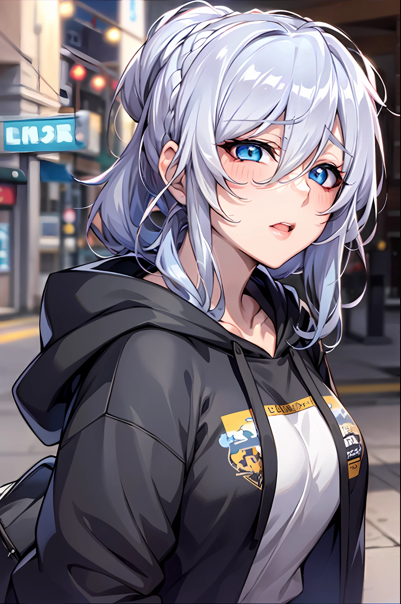 Silver hair and eyes in a black hoodie, anime visual of a cute girl, screenshot from the anime film, & her expression is solemn, ahegao face, in the anime film, in an anime, anime visual of a young woman, she has a cute expressive face, still from anime