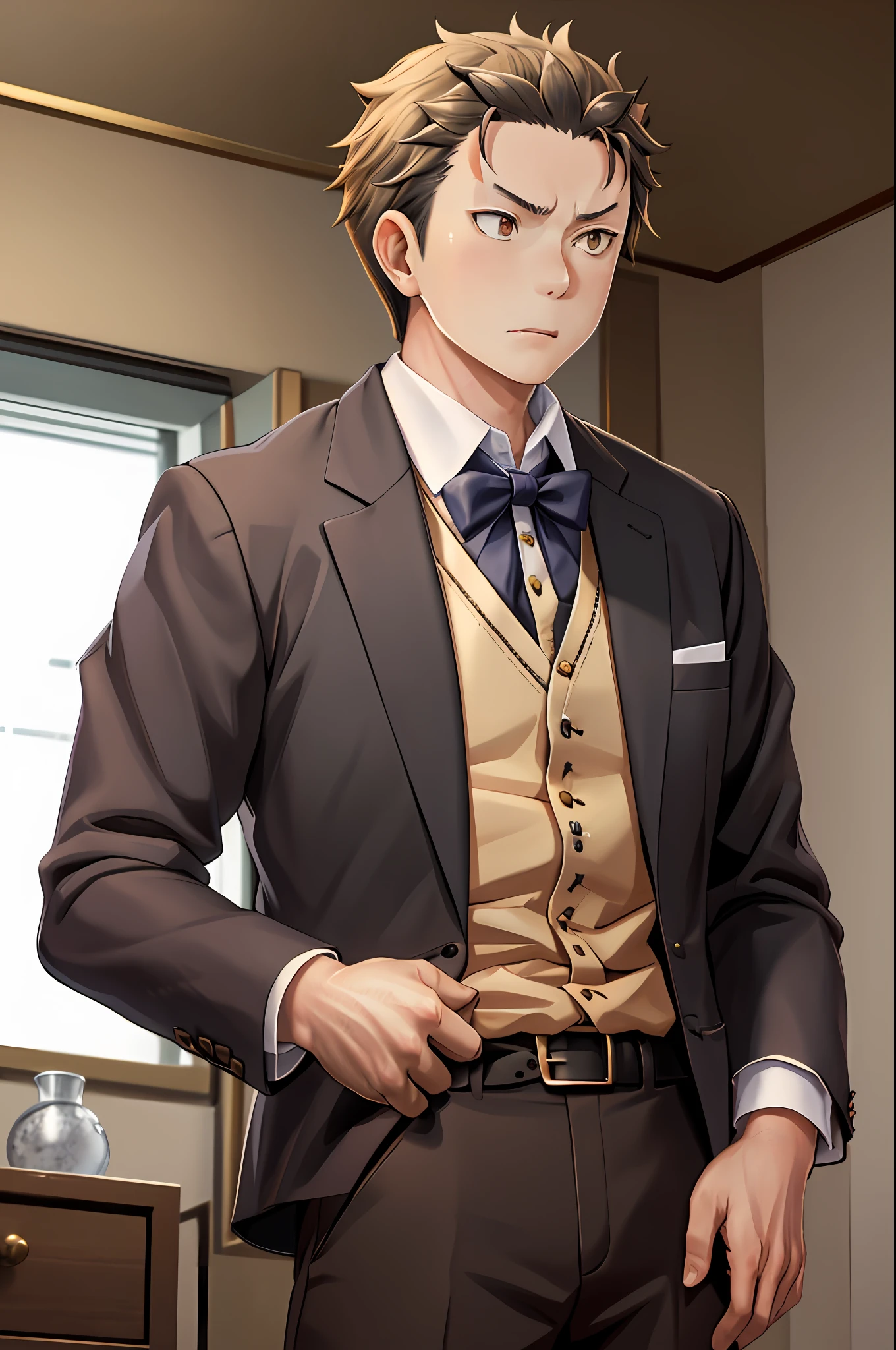 (1 Adult male),A high resolution, Sharp focus, Pixiv masterpiece, ((Complicated details)), highly detailed, natsuki_subaru, 1 man, with her mouth open,drools,full bodyesbian, Golden eyes(eyes glowing), with short golden hair,white shirt,Wear a tie,Wear a belt,perspire,look from down