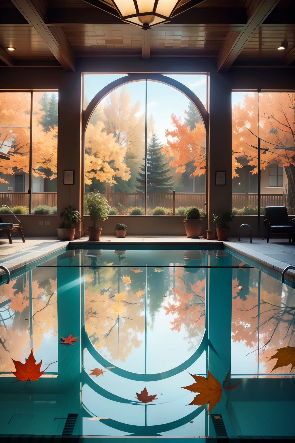 Indoor pool,autumnal,fall leaves,glass window