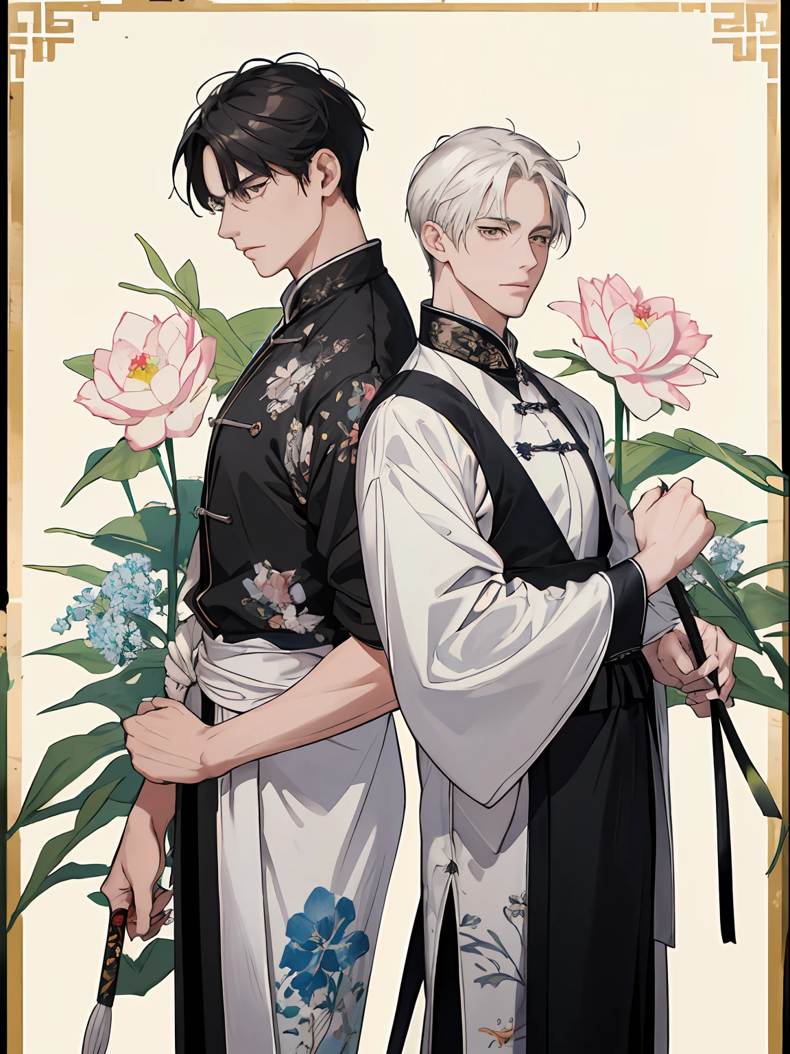 ((4K、​masterpiece、top-quality))、(Two men smiling face to face)、Armin Arlert of a white-haired man with beautiful fox ears、Erwin Smith of a strong man with black hair with wolf ears、ink and watercolor painting、Traditional Chinese Ink Painting、lotuses、Hanfu、Maxi Kit、Dress conservatively、Animal ears,、bule、florals、Lots of flowers nearby、shenron、extra detailed face