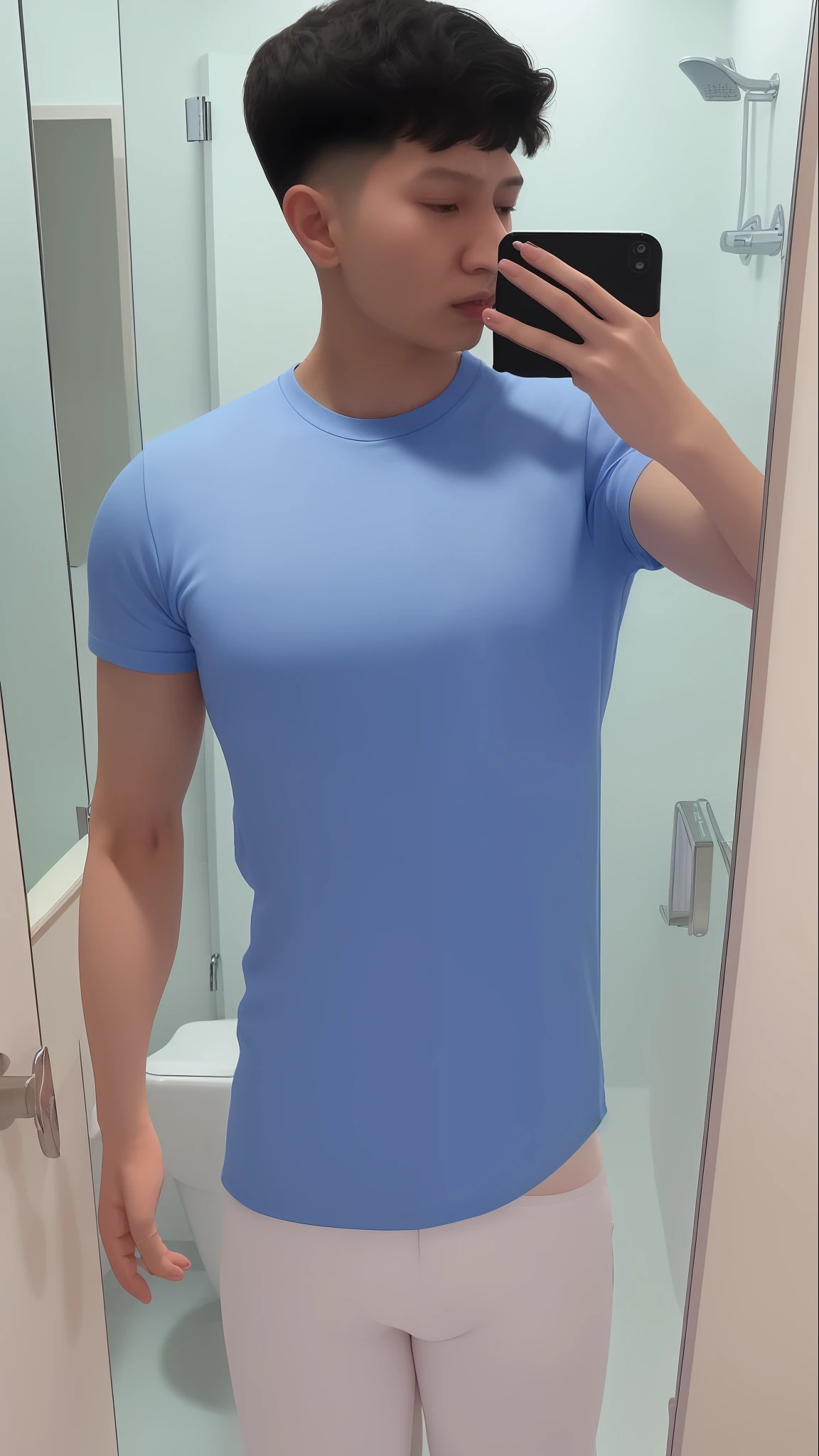 there is a man taking a selfie in a bathroom mirror, very very low quality picture, in tshirt, around 1 , candid picture, tshirt, blue tight tshirt, 18 years old, profile pic, with instagram filters, low quality photograph, aesthetic!!, front profile!!!!, with accurate face, khyzyl saleem, portait photo profile picture