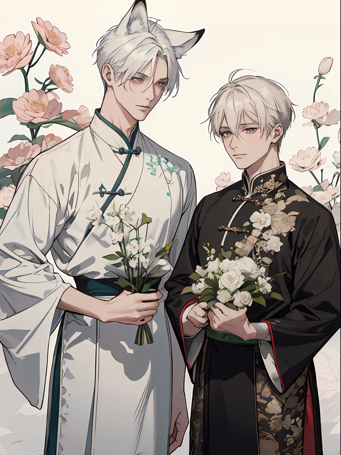 ((4K、​masterpiece、top-quality))、(Two men smiling face to face)、Armin Arlert of a white-haired man with beautiful fox ears、Erwin Smith of a strong man with black hair with wolf ears、ink and watercolor painting、Traditional Chinese Ink Painting、lotuses、Hanfu、Maxi Kit、Dress conservatively、Animal ears,、bule、florals、Lots of flowers nearby、shenron、extra detailed face