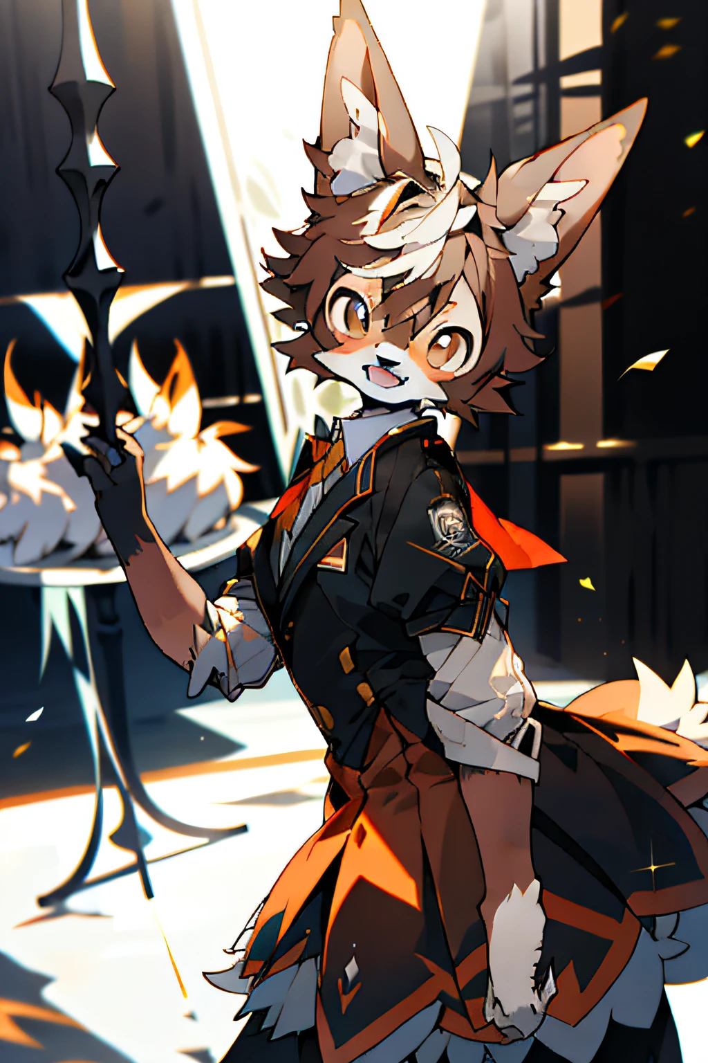 depth of fields,lighting perfect,light particules,(best qualtiy),(tmasterpiece),(ultra - detailed),Sharp focus,light particules,niji,eyesgod,Blushlush,brown_eyes,looking_at_viewer,smile,solo,furry,animal_ear_fluff,open_clothes,bartending,full bodyesbian,edgBunny,offcial dress,modern attire,Riman,Bar,frontage,Arms back,