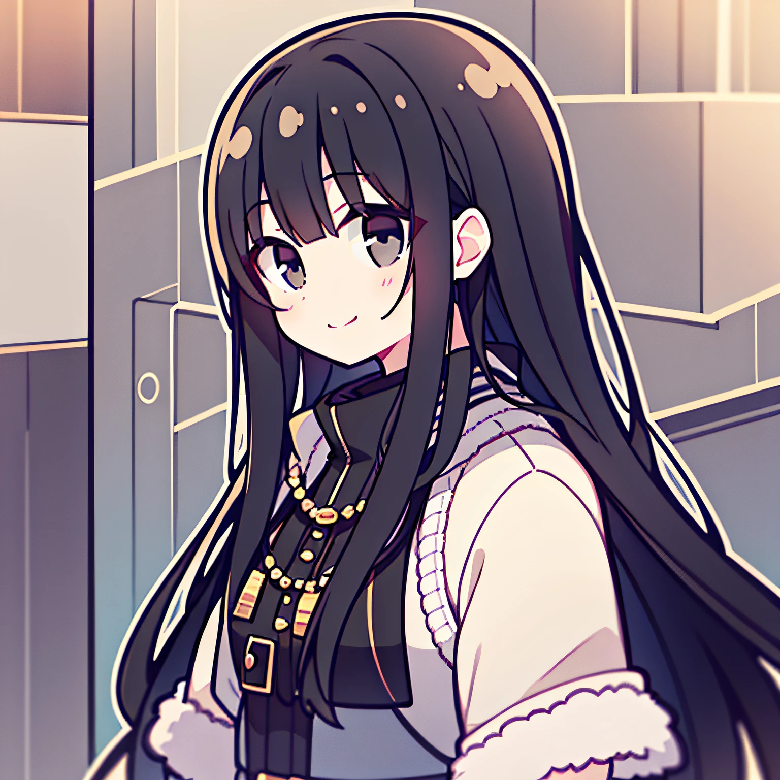 a pregirl，black hair longhair，ssmile，Black colored eyes，mufti
