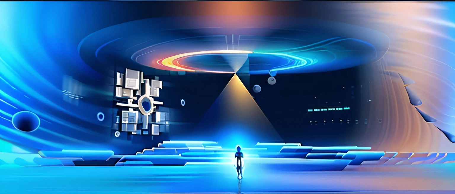 a close up of a person standing in front of a blue background, surreal sci fi set design, Futuristic poster, film promotional image, gateway to another dimension, ethereal hologram center, Eight dimensions, composition of and futuristic, virtual metaverse room, light kingdom backdrop, trending on cgstation, 3 6 0投影, luminous black hole portal, futuristic digital art