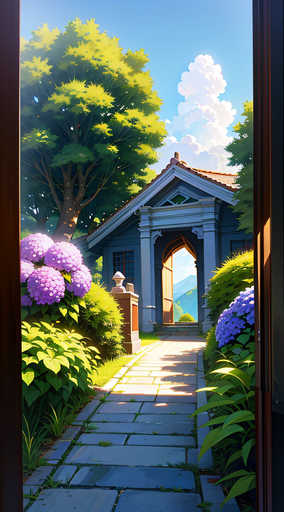 (ultra high res,photorealistic,best quality,photo-realistic),(8k,raw photo,best quality,masterplece),(photon mapping,radiosity,physically-based rendering,automatic white balance),real person,photograph,bridge, building, bush, city, cloud, day, door, fence, field,orest, garden, grass, house, hydrangea, mountain, nature, no_humans, outdoors, path, plant, potted_plant, purple_flower, road, scenery, sky, skyscraper, traditional_media, tree,
