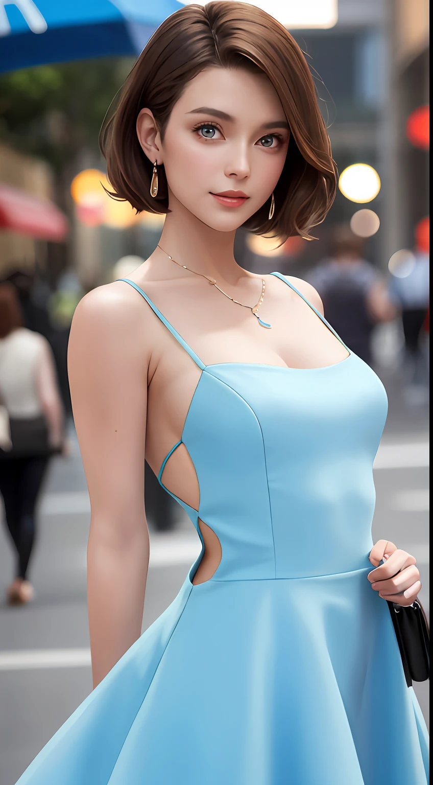 European and American women, A fashion model, Wearing a light blue dress with an open back, Glamour, paparazzi taking pictures of her, short detailed hair, Brown eyes, 8K, High quality, Masterpiece, Best quality, k hd, Extremely detailed, voluminetric lighting, Photorealistic