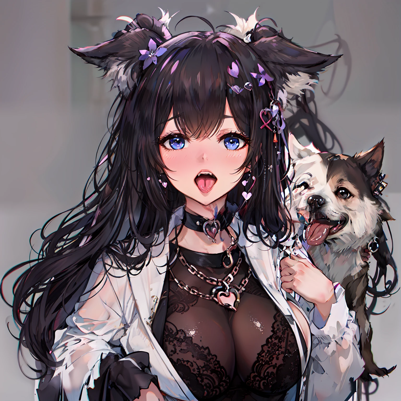 black hair, dog ears, Beautuful Women, Graceful figure, tongue out, tongue out, tongue, heart in eye, skin fang, glint, 8k, super detail，Bigboobs，（With a collar）