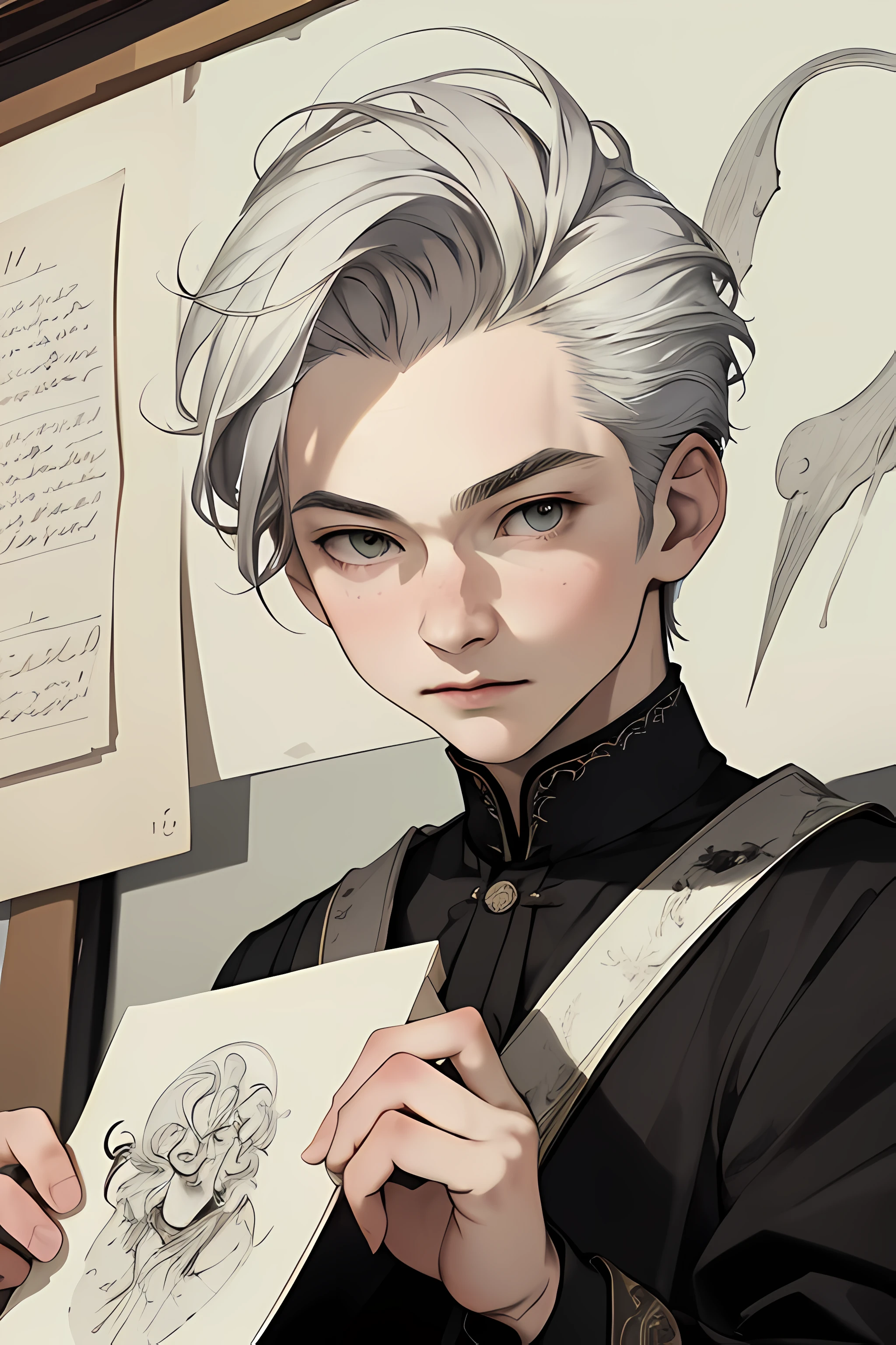 realistic, (best quality, masterpiece:1.3),1boy, solo,Design an image featuring beautiful calligraphy, with expressive lettering, elegant flourishes, and a sense of craftsmanship and skill.
silver hair,bright pupils, short hair, hair slicked back, expressionless,